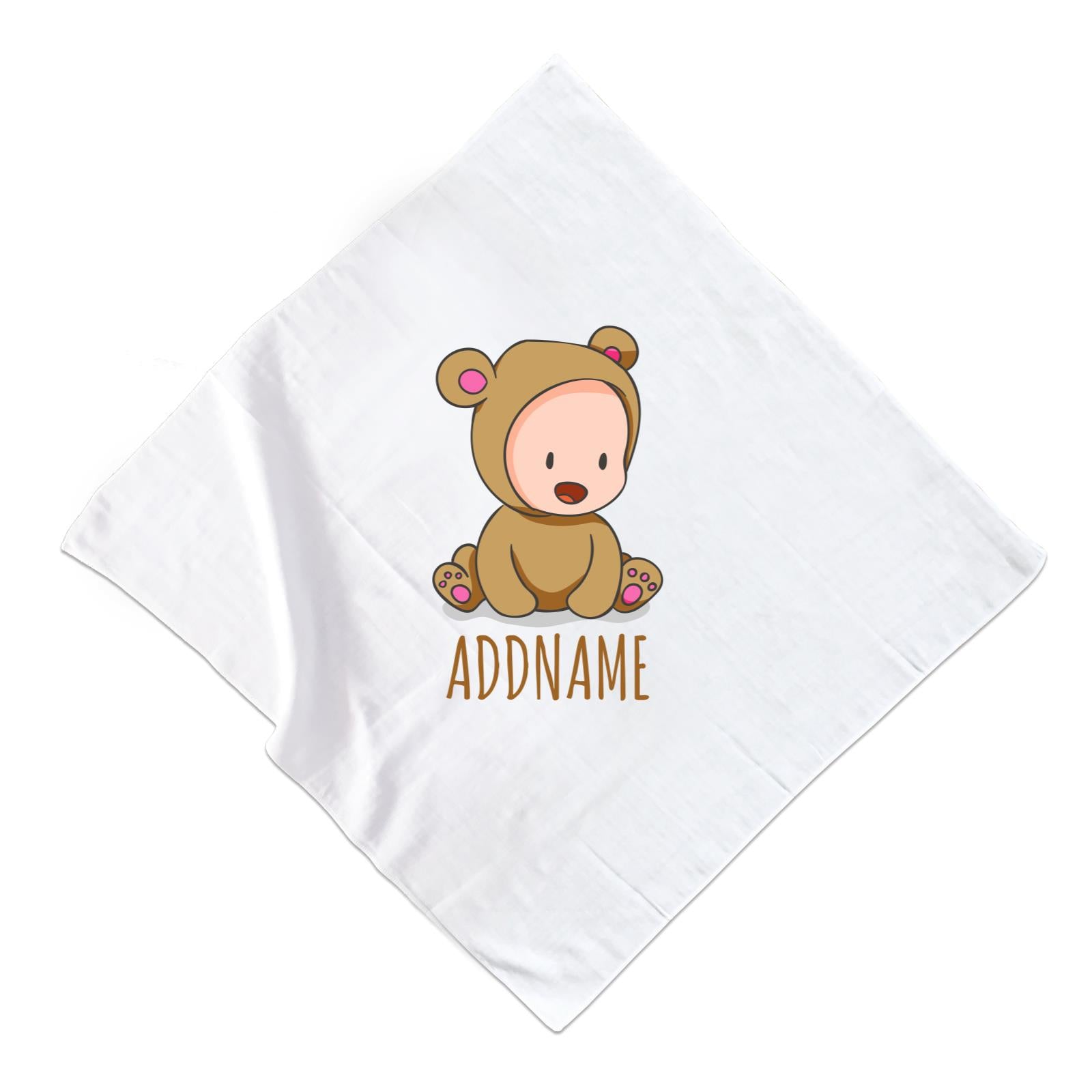 Cute Baby in Brown Bear Suit Addname Muslin Square