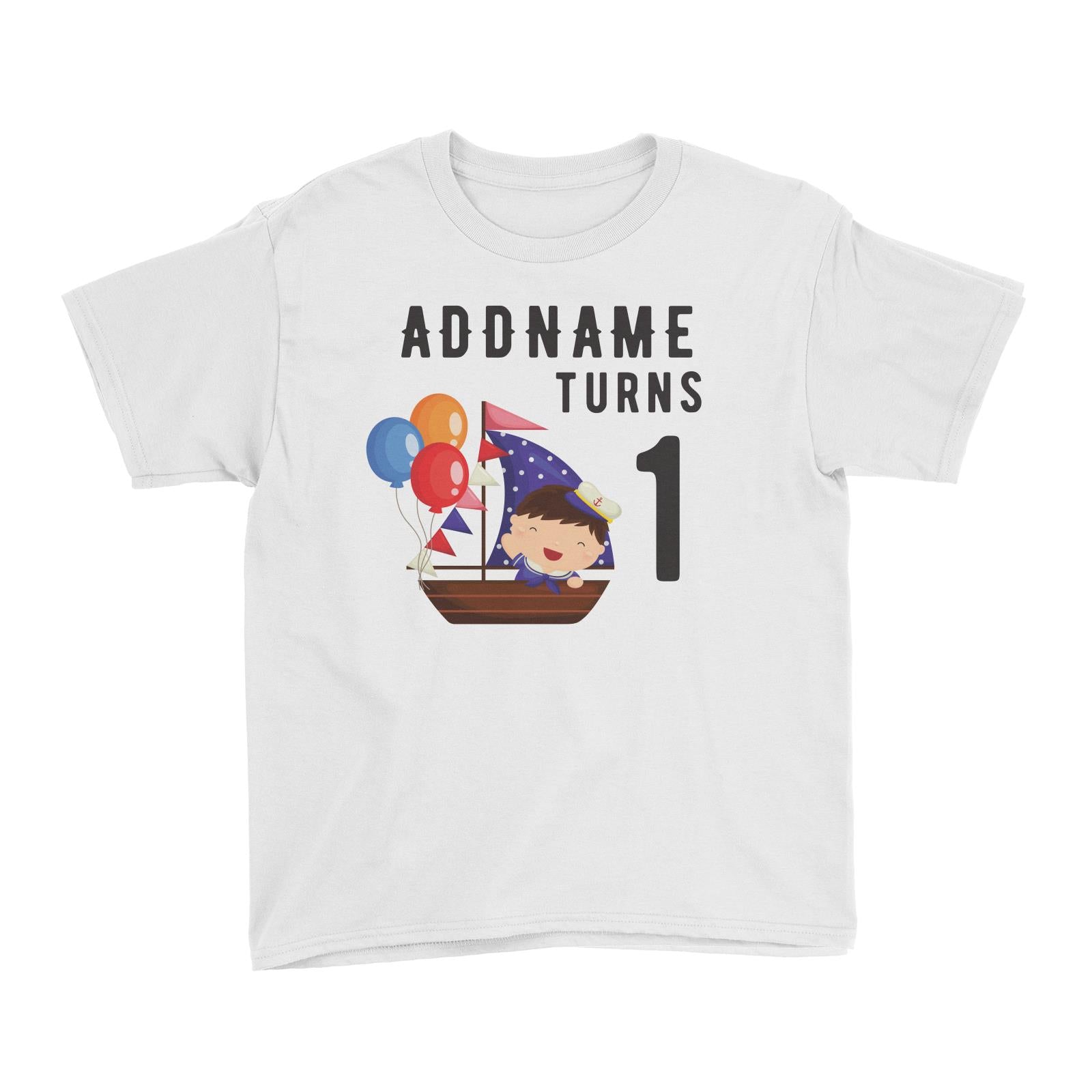 Birthday Sailor Baby Boy In Ship With Balloon Addname Turns 1 Kid's T-Shirt