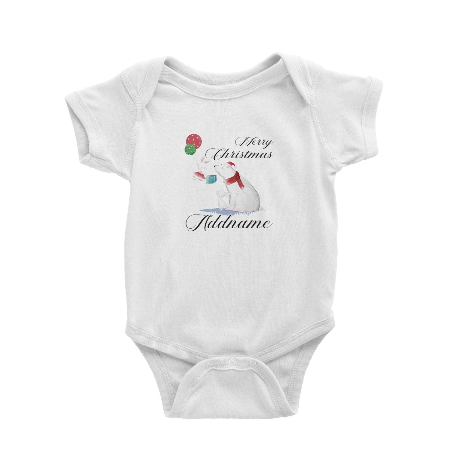 Christmas Cute Rabbits And Polar Bear With Present Merry Christmas Addname Baby Romper