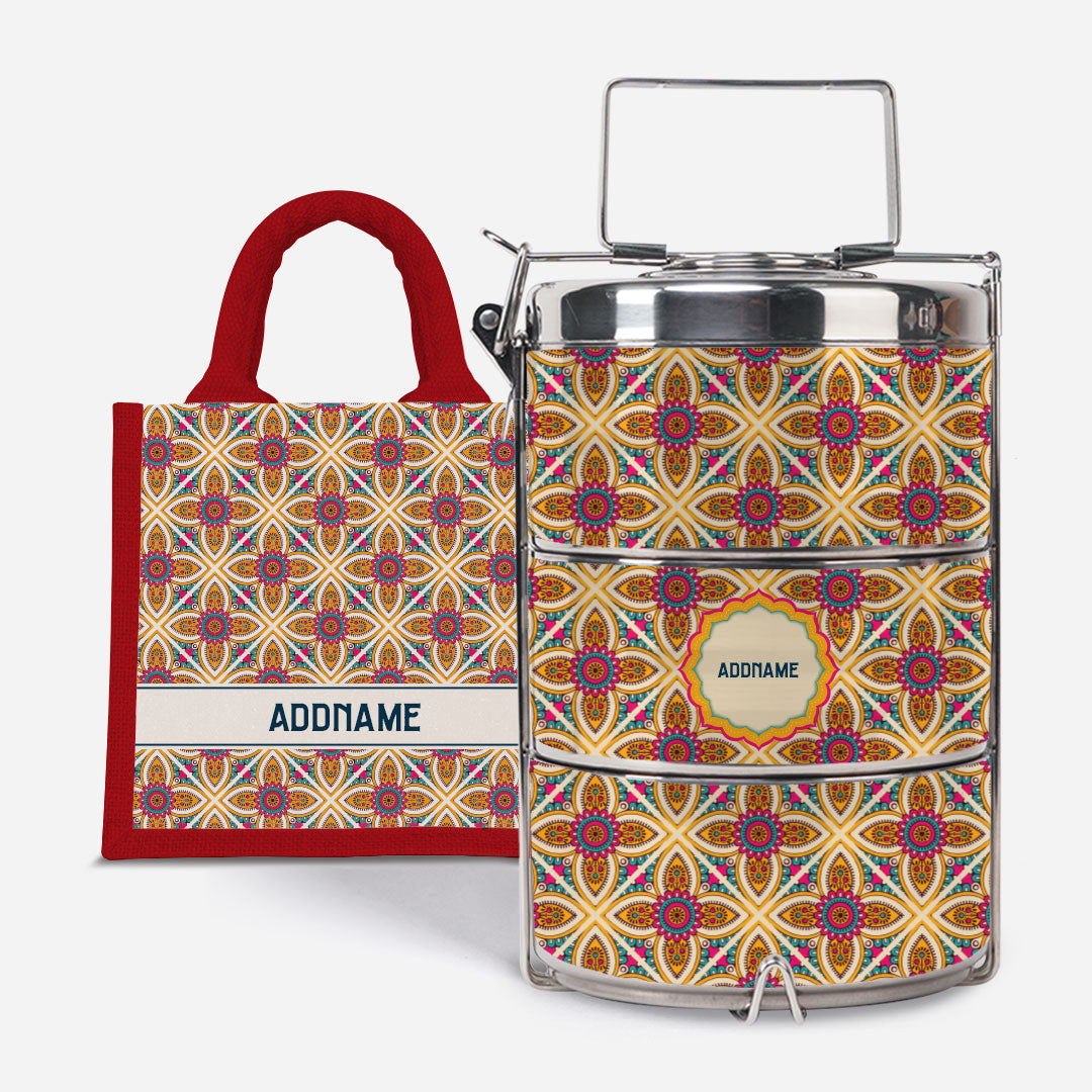 Pookal Series Premium Tiffin with Half Lining Lunch Bag - Vibrant Tiles Red