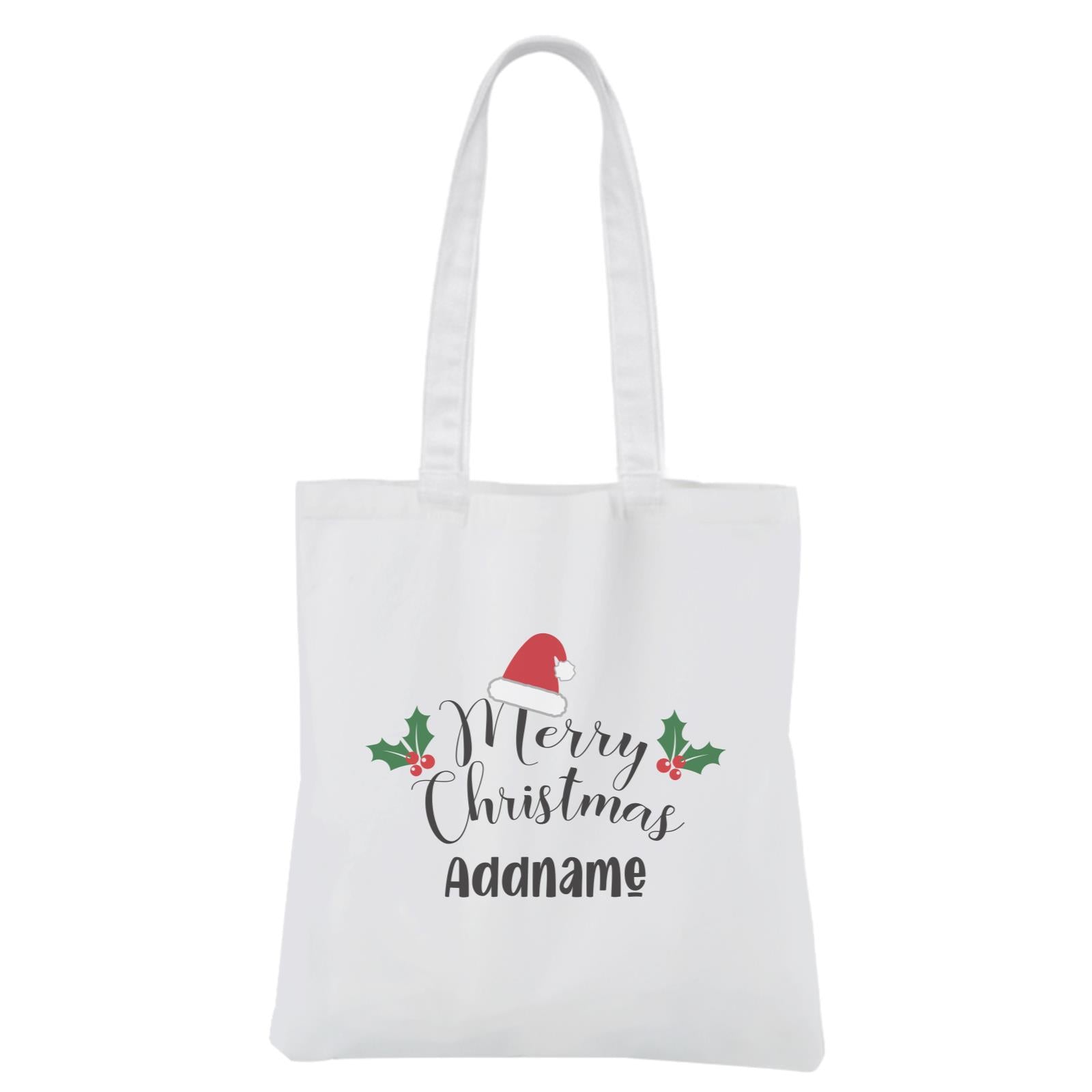 Christmas Series Merry Christmas with Santa Hat and Holly White Canvas Bag