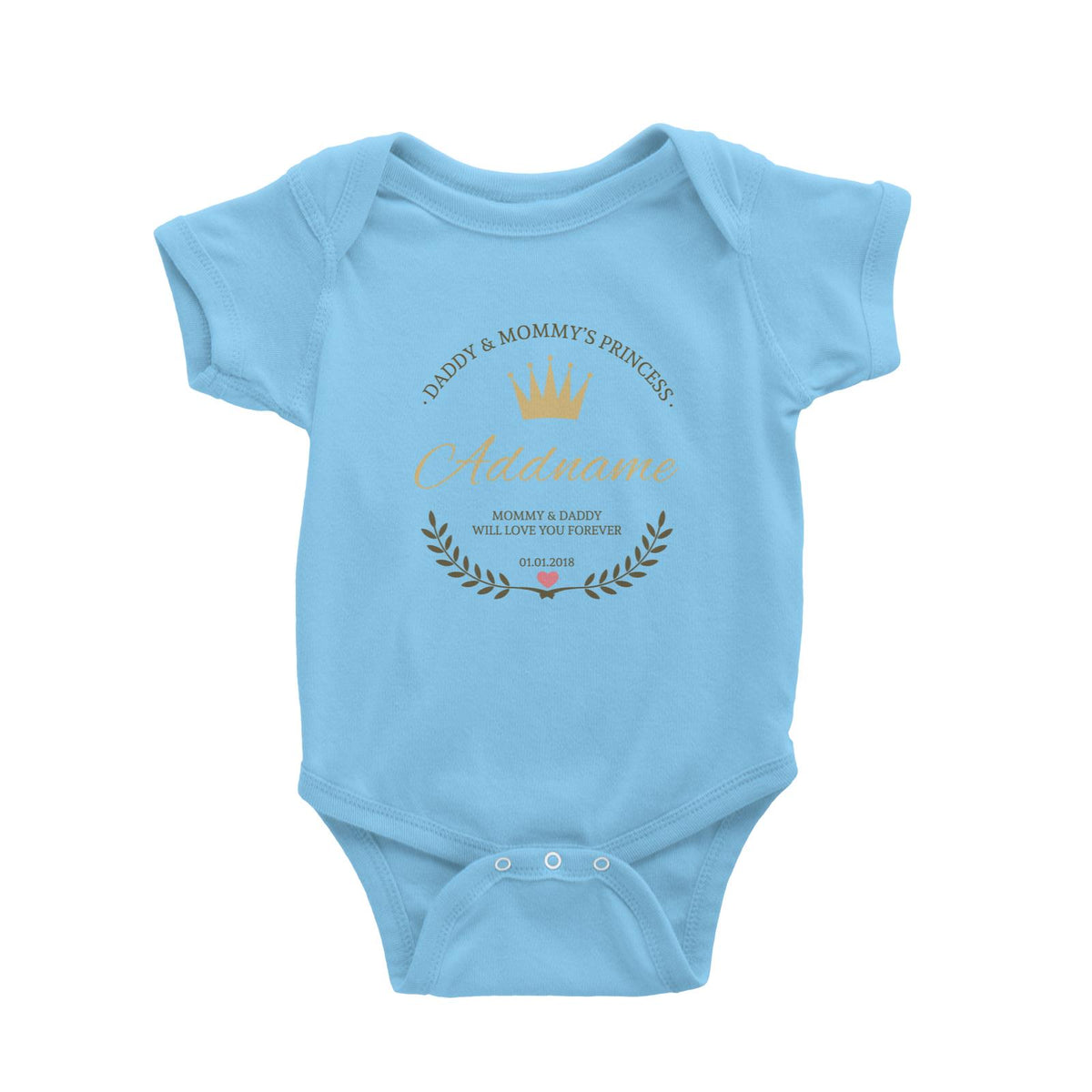 Daddy and Mommy's Princess with Tiara Wreath Personazliable with Name Text and Date Baby Romper