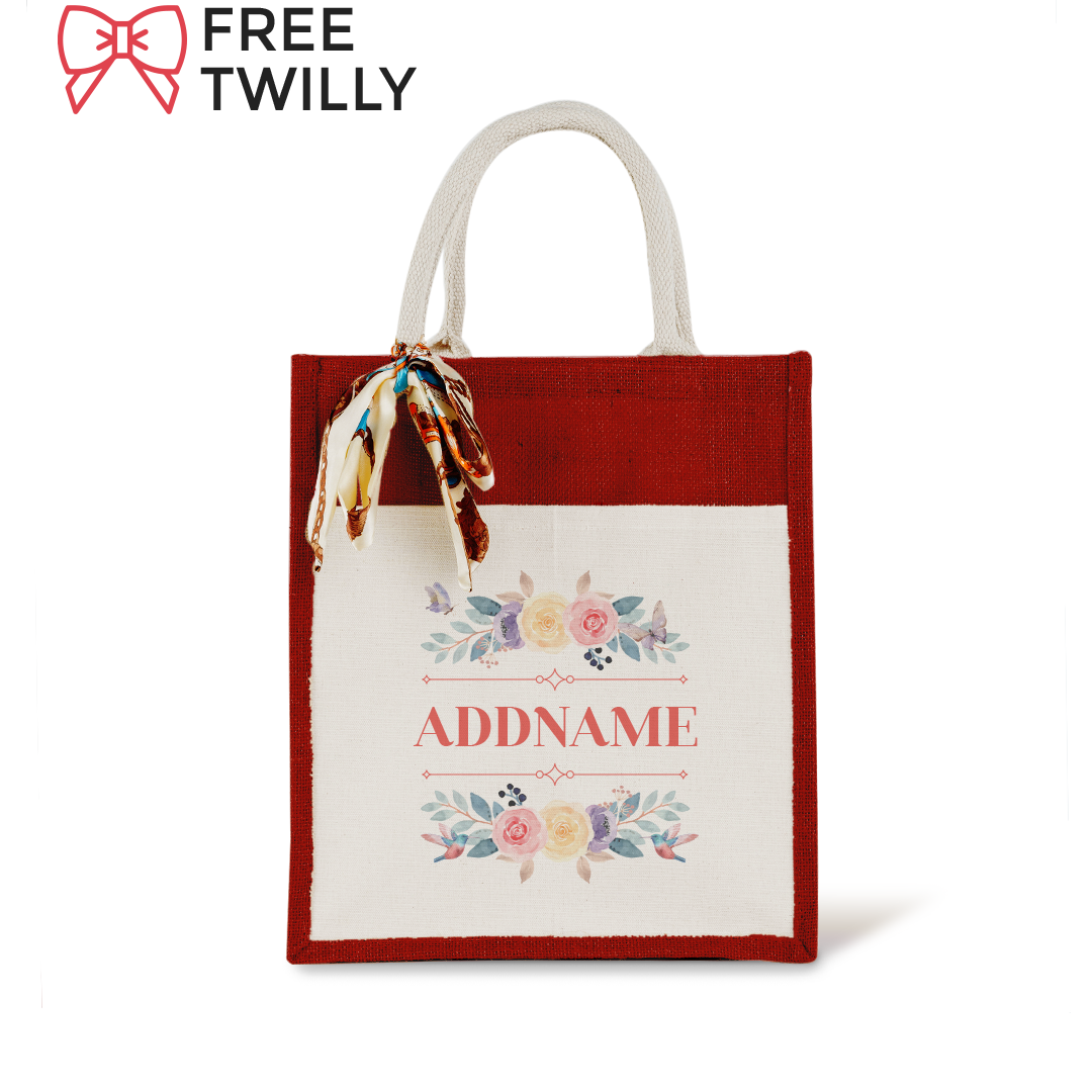 Le Fleur Series Raffinée Red Colourful Jute Bag With Front Pocket