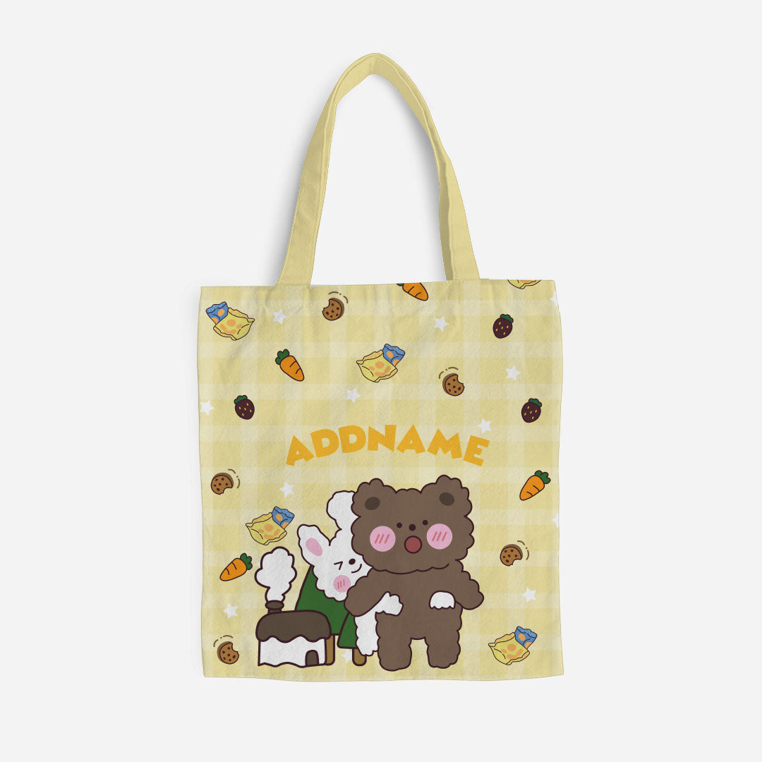 Cute Doodle Series Full Print Canvas Bag - Yellow Rabbit Hug Bear