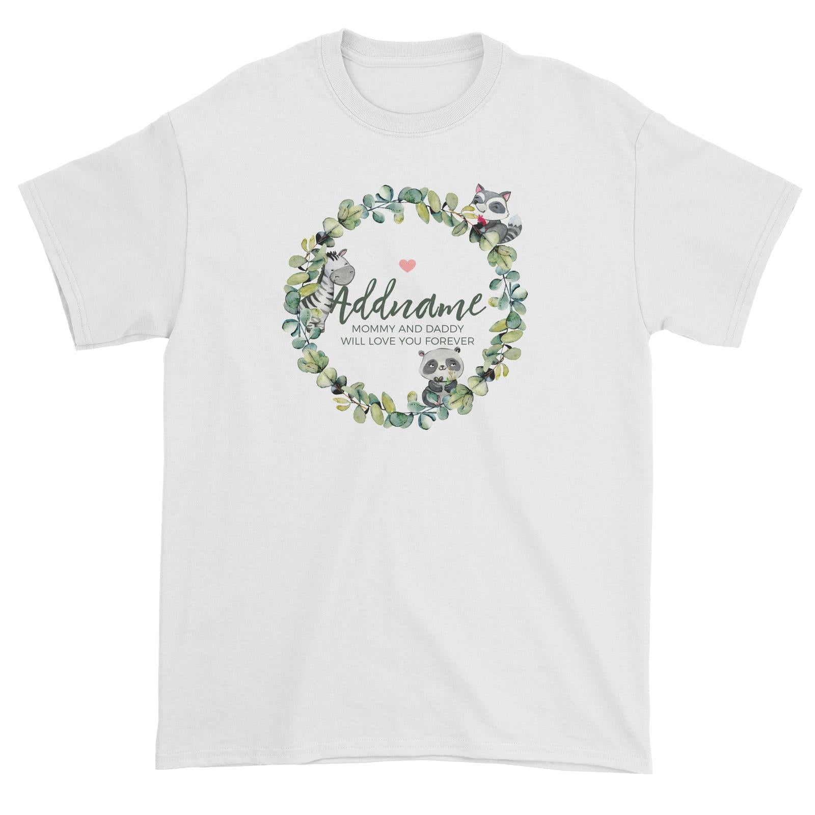 Watercolour Panda Zebra and Racoon Leaf Wreath Personalizable with Name and Text Unisex T-Shirt