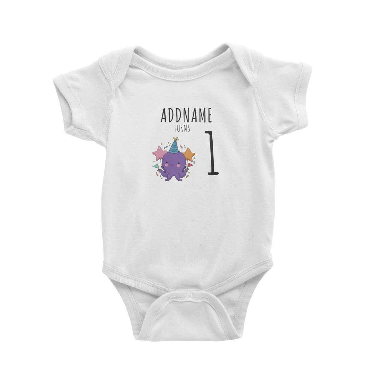 Birthday Sketch Animals Octopus with Flags Addname Turns 1 Baby Romper