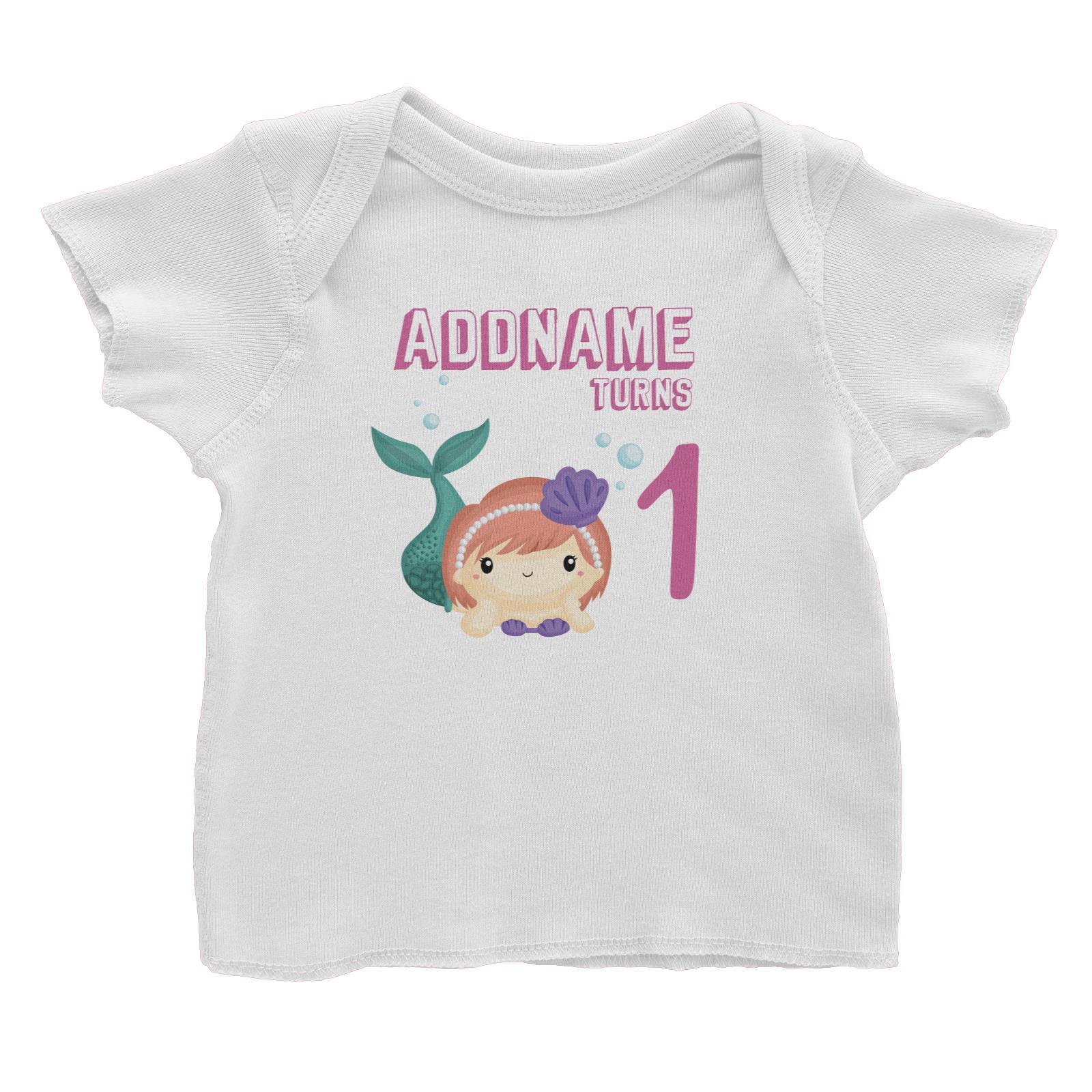 Birthday Mermaid Peach Short Hair Mermaid Laying Addname Turns 1 Baby T-Shirt