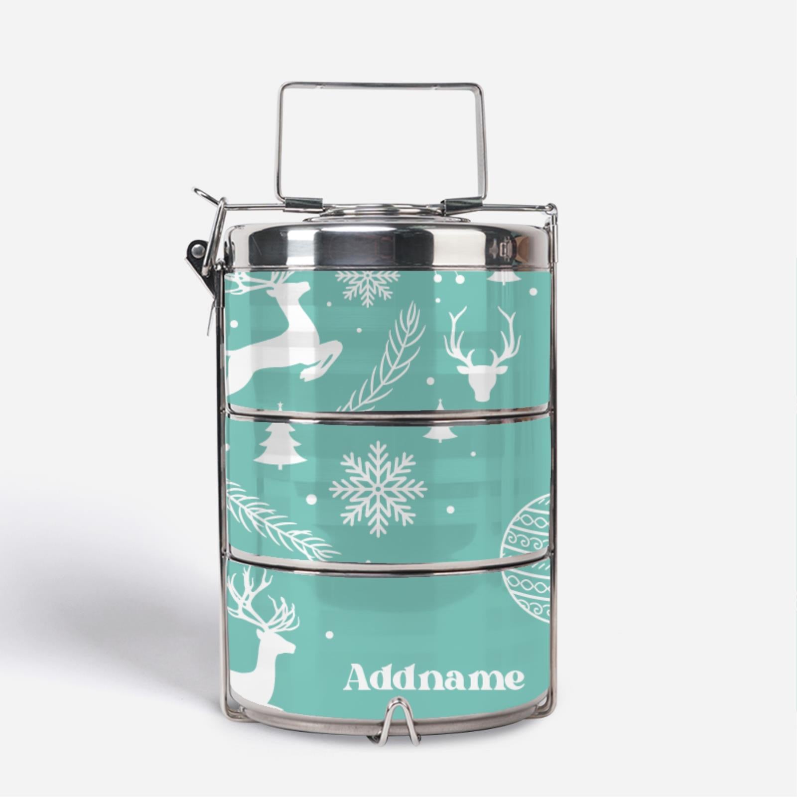 Christmas Series Premium Tiffin Carrier - Jubilant Reindeers Light Blue