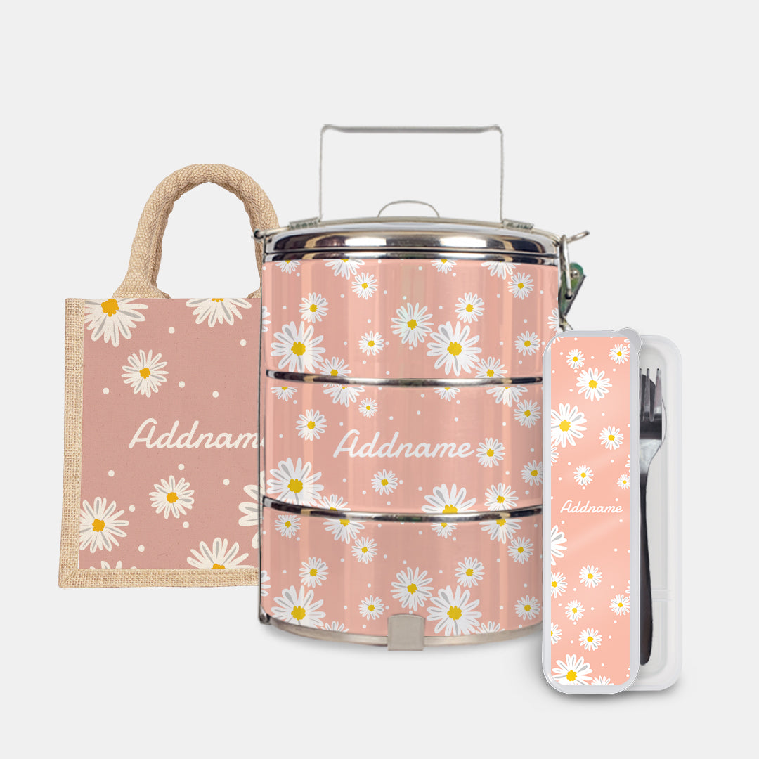 Daisy Series Half Lining Lunch Bag, Standard Tiffin Carrier And Cutlery Set - Coral Natural