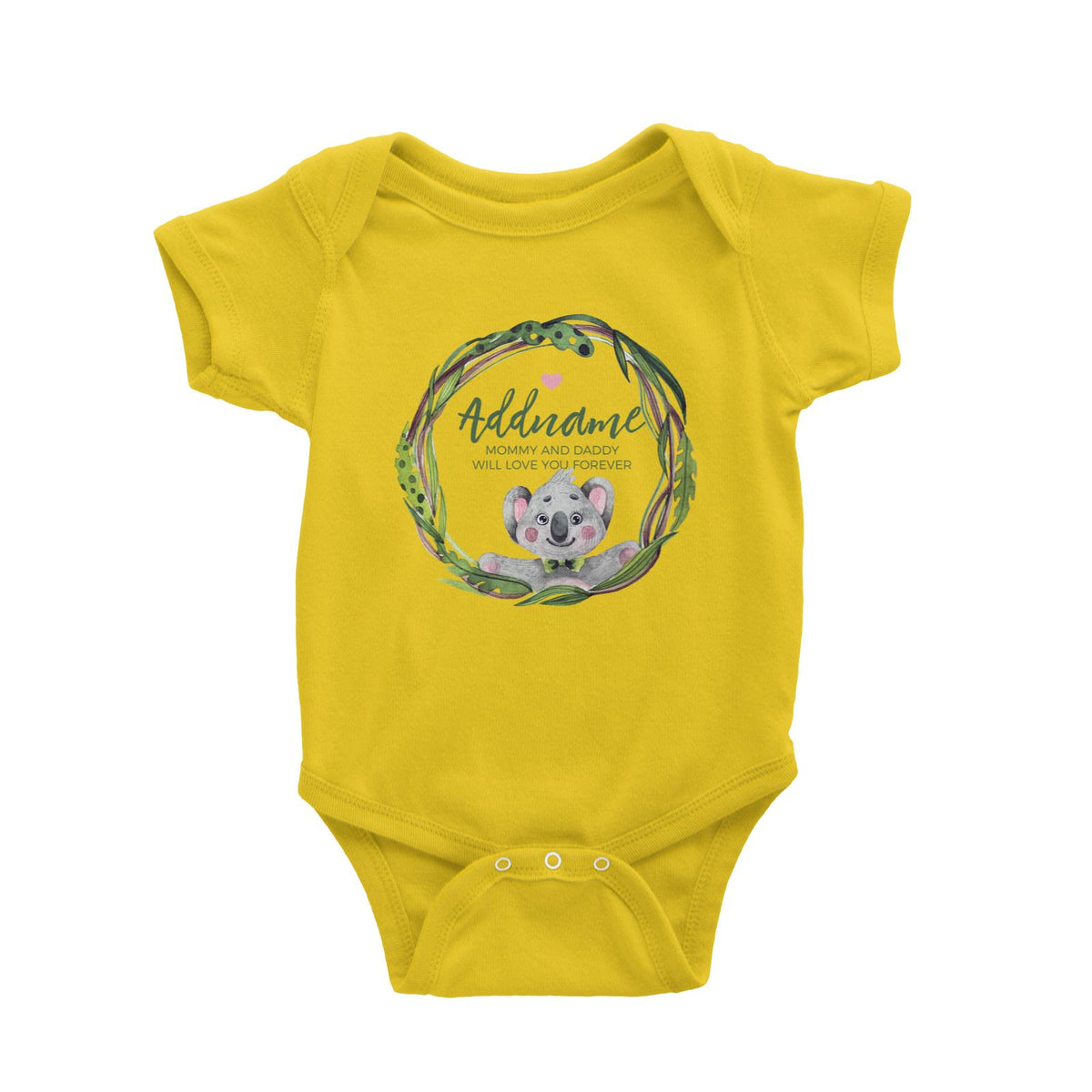 Watercolour Pink Koala Green Leaves Wreath Personalizable with Name and Text Baby Romper