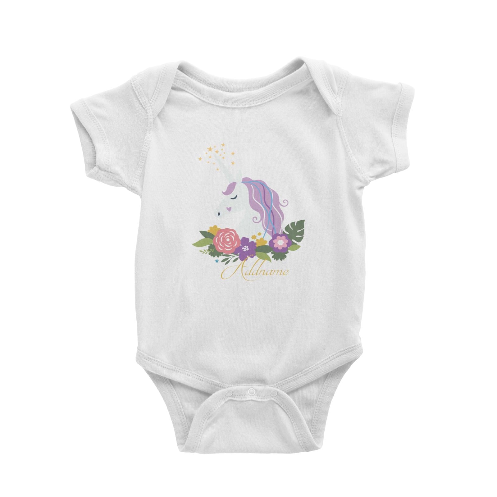 Purple Unicorn Emblem White Baby Romper Personalizable Designs
