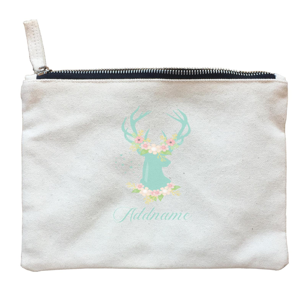Basic Family Series Pastel Deer Green Deer With Flower Addname Zipper Pouch