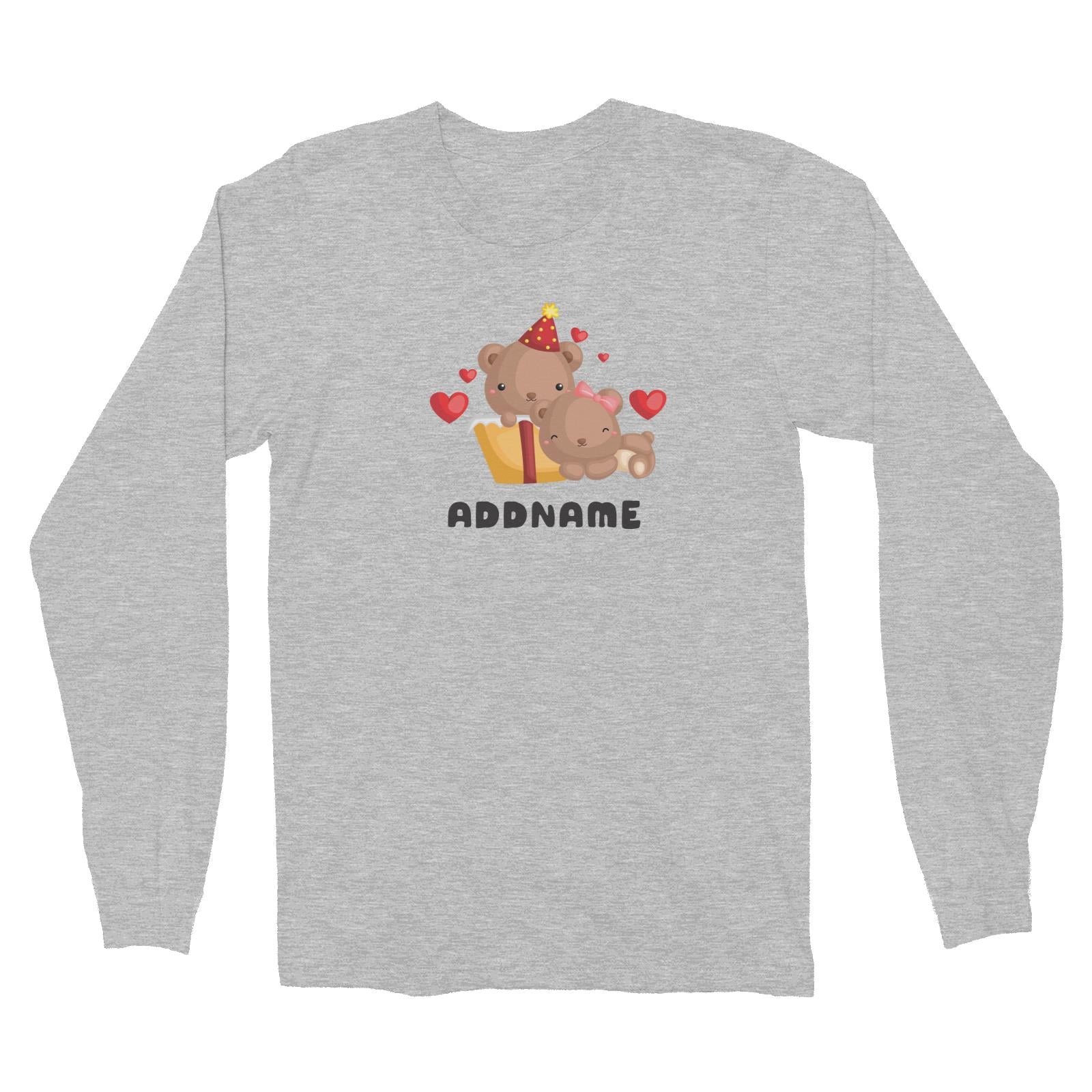 Birthday Friendly Animals Happy Two Bears Open Present Addname Long Sleeve Unisex T-Shirt