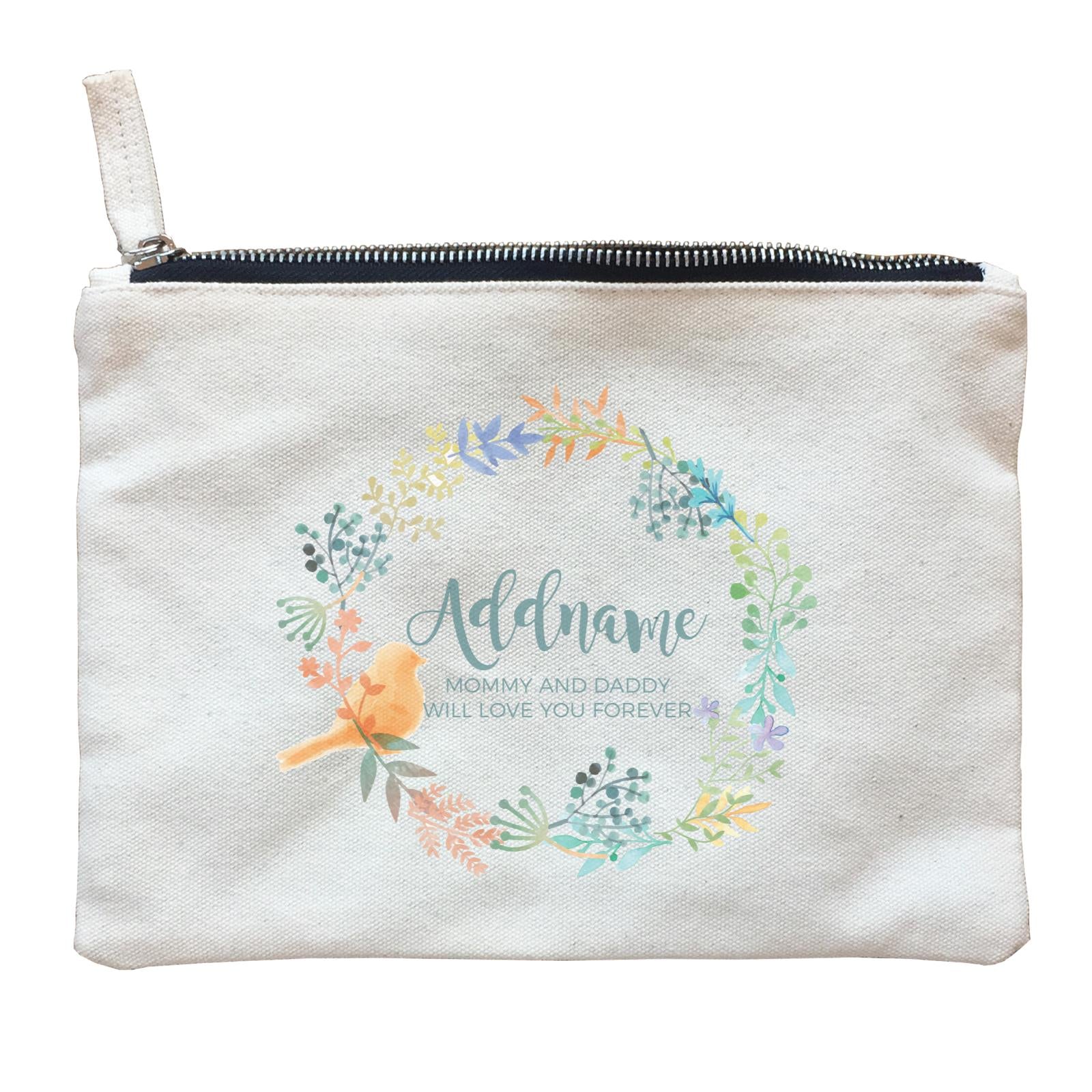 Spring Flower with Bird Wreath Personalizable with Name and Text Zipper Pouch
