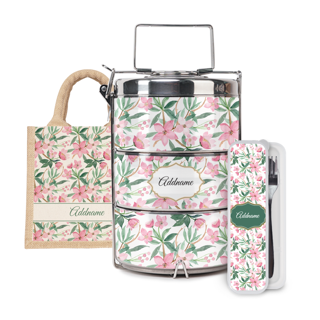 Laura Series - Blossom Half Lining Lunch Bag, Tiffin Carrier and Cutlery Set