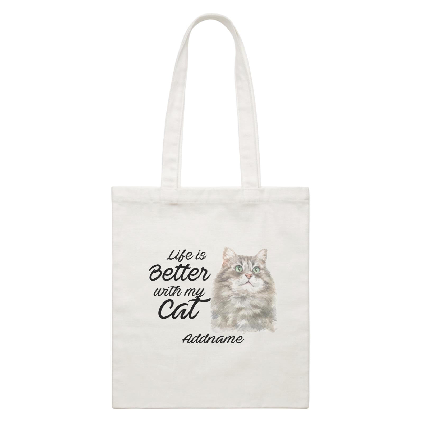 Watercolor Life is Better With My Cat Siberian Cat Grey Addname White Canvas Bag