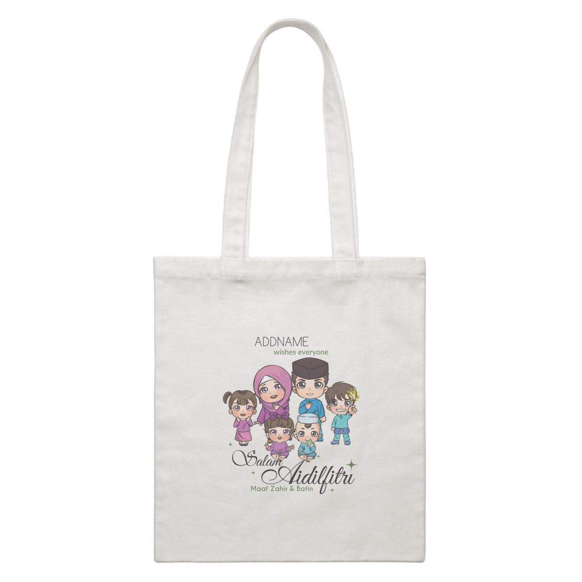 Raya Chibi Family Group Addname Wishes Everyone Salam Aidilfitri Maaf Zahir &amp; Batin White Canvas Bag