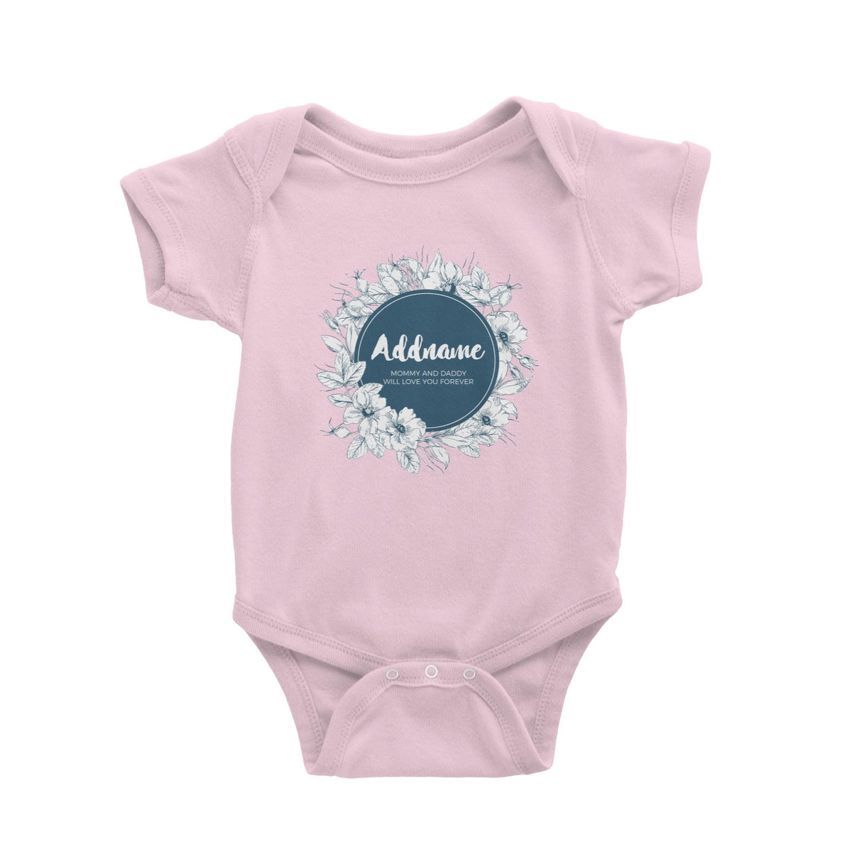 Navy Blue Flower Wreath Personalizable with Name and Text Baby Romper