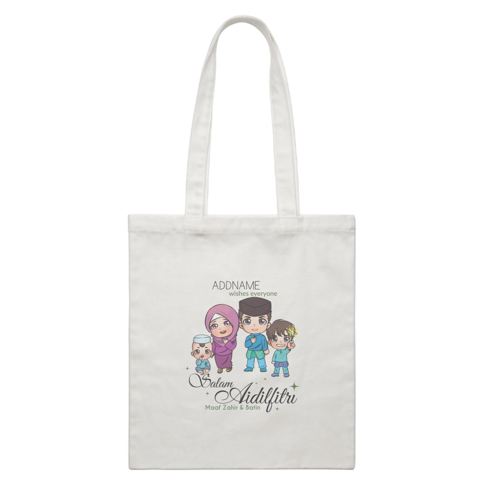 Raya Chibi Family Boy And Baby Boy Addname Wishes Everyone Salam Aidilfitri Maaf Zahir & Batin White Canvas Bag