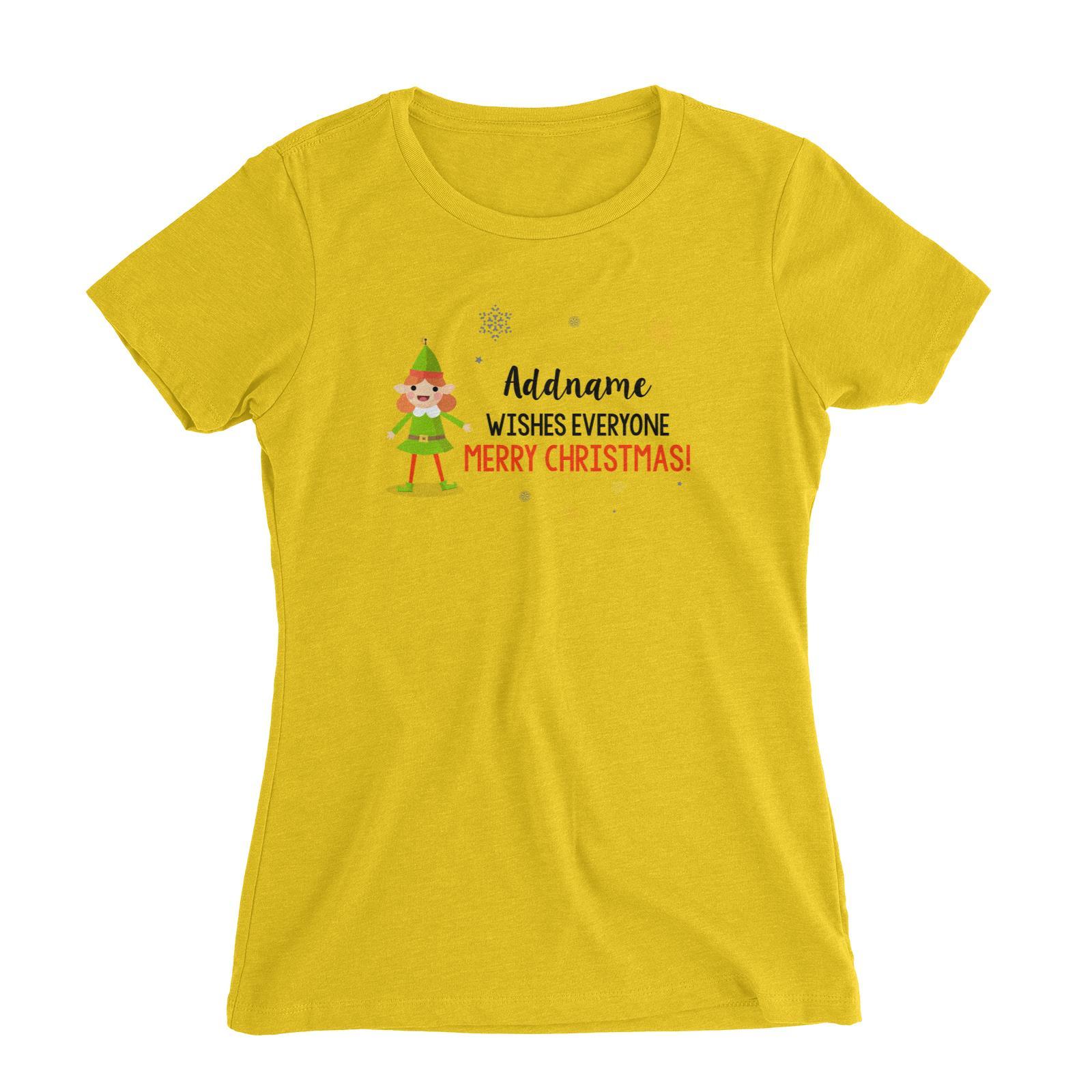 Cute Elf Girl Wishes Evryone Merry Christmas Addname Women's Slim Fit T-Shirt  Matching Family Personalizable Designs
