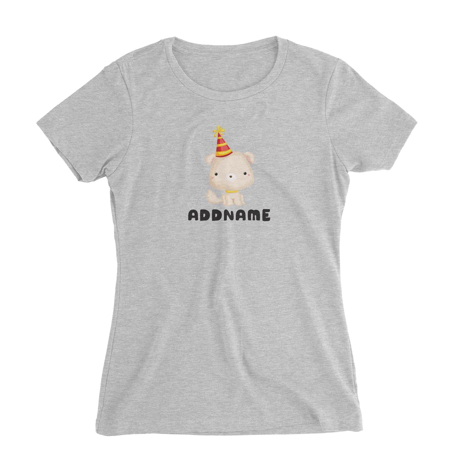 Birthday Friendly Animals Happy Dog Wearing Party Hat Addname Women's Slim Fit T-Shirt