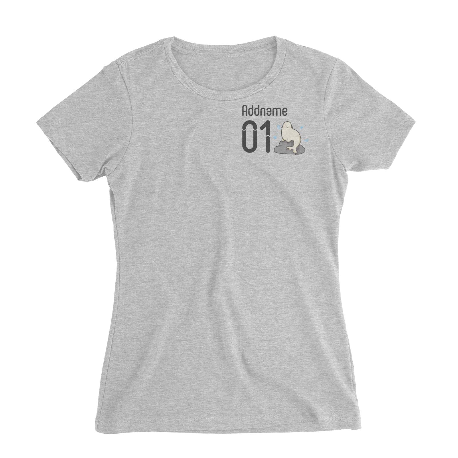Pocket Name and Number Cute Hand Drawn Style Seal Women's Slim Fit T-Shirt