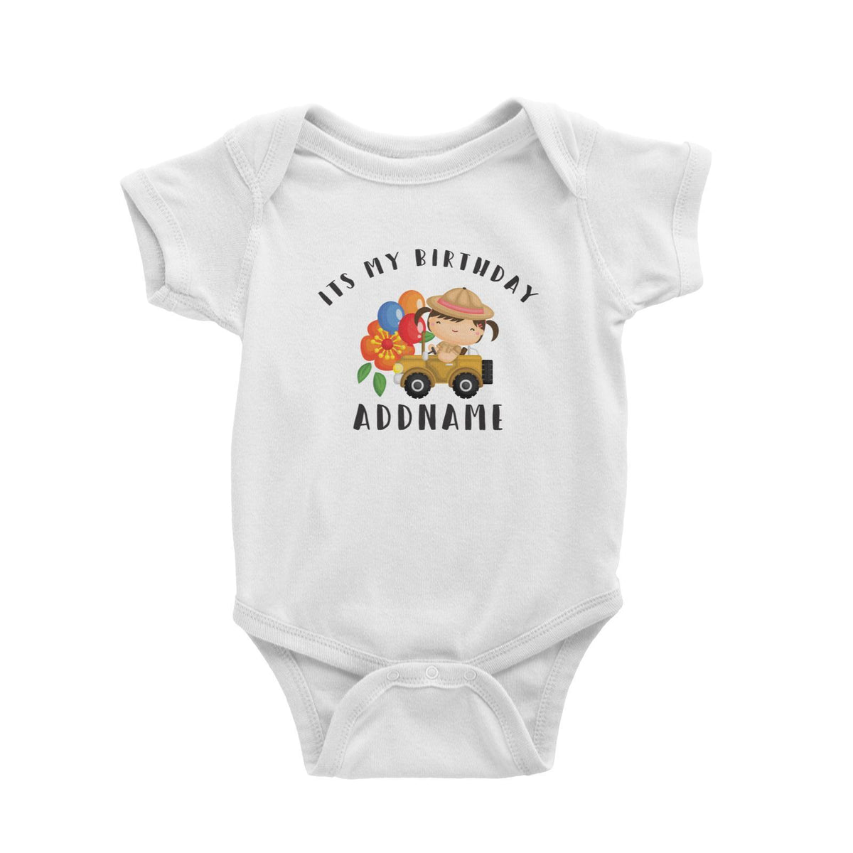 Birthday Safari Explorer Girl Driving Jeep Car It's My Birthday Addname Baby Romper