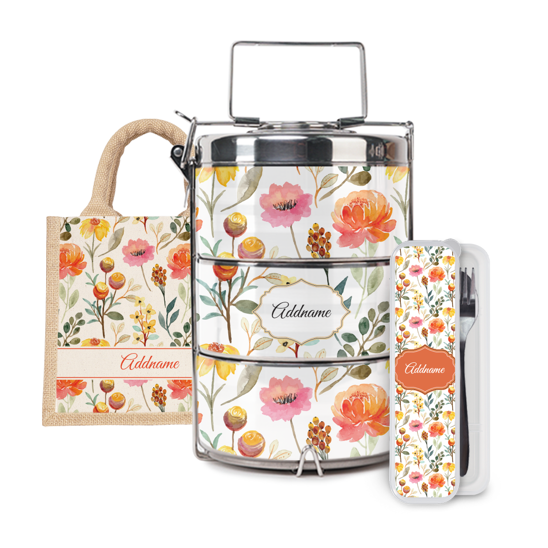 Laura Series - Carnelian Half Lining Lunch Bag, Tiffin Carrier and Cutlery Set