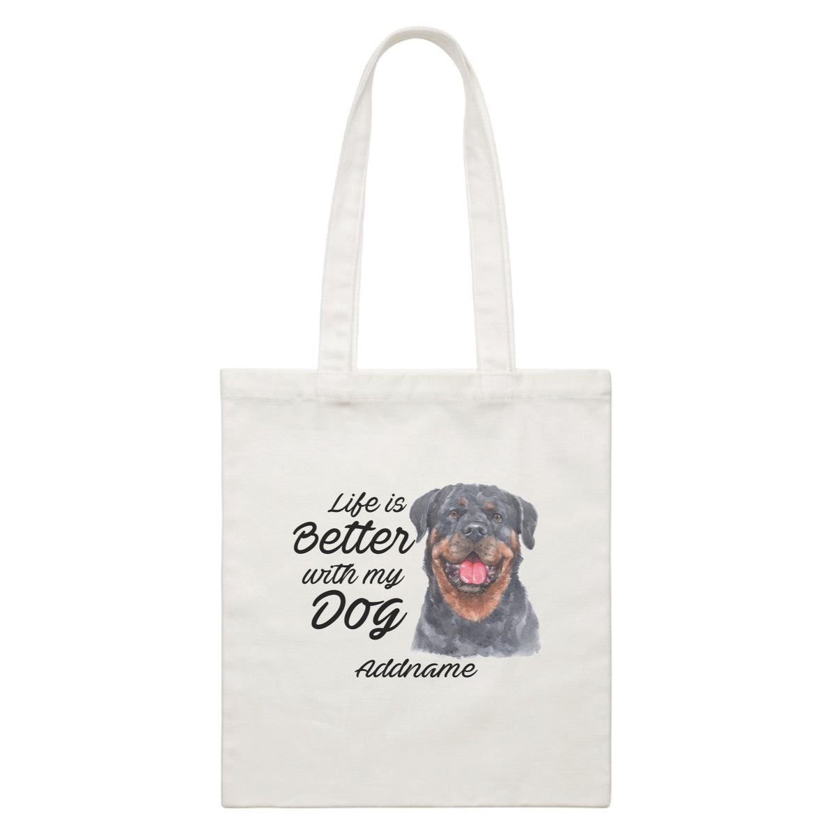 Watercolor Life is Better With My Dog Rottweiler Happy Addname White Canvas Bag