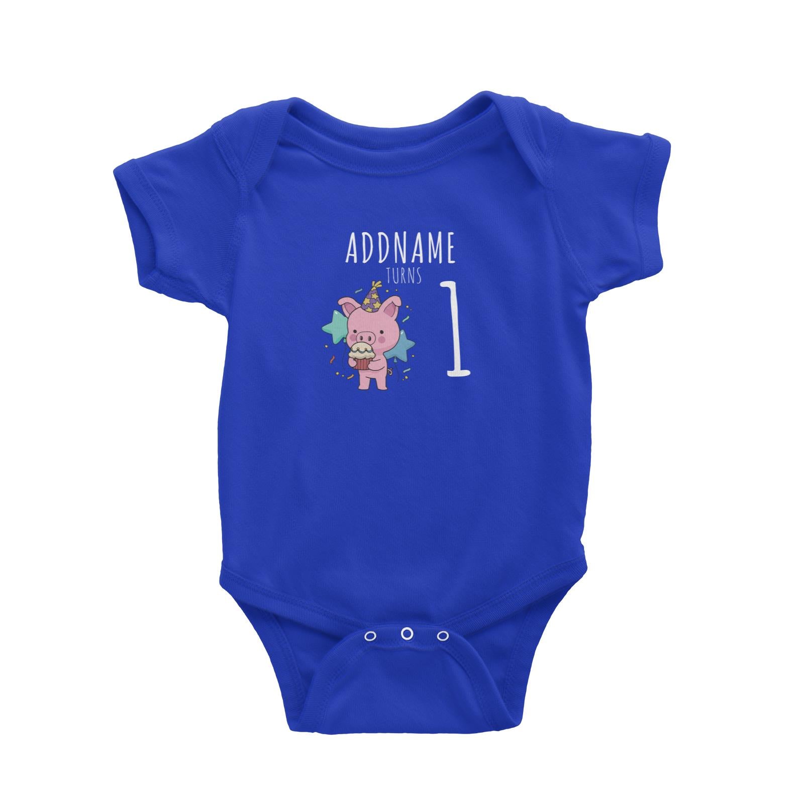 Birthday Sketch Animals Pig with Party Hat Eating Cupcake Addname Turns 1 Baby Romper