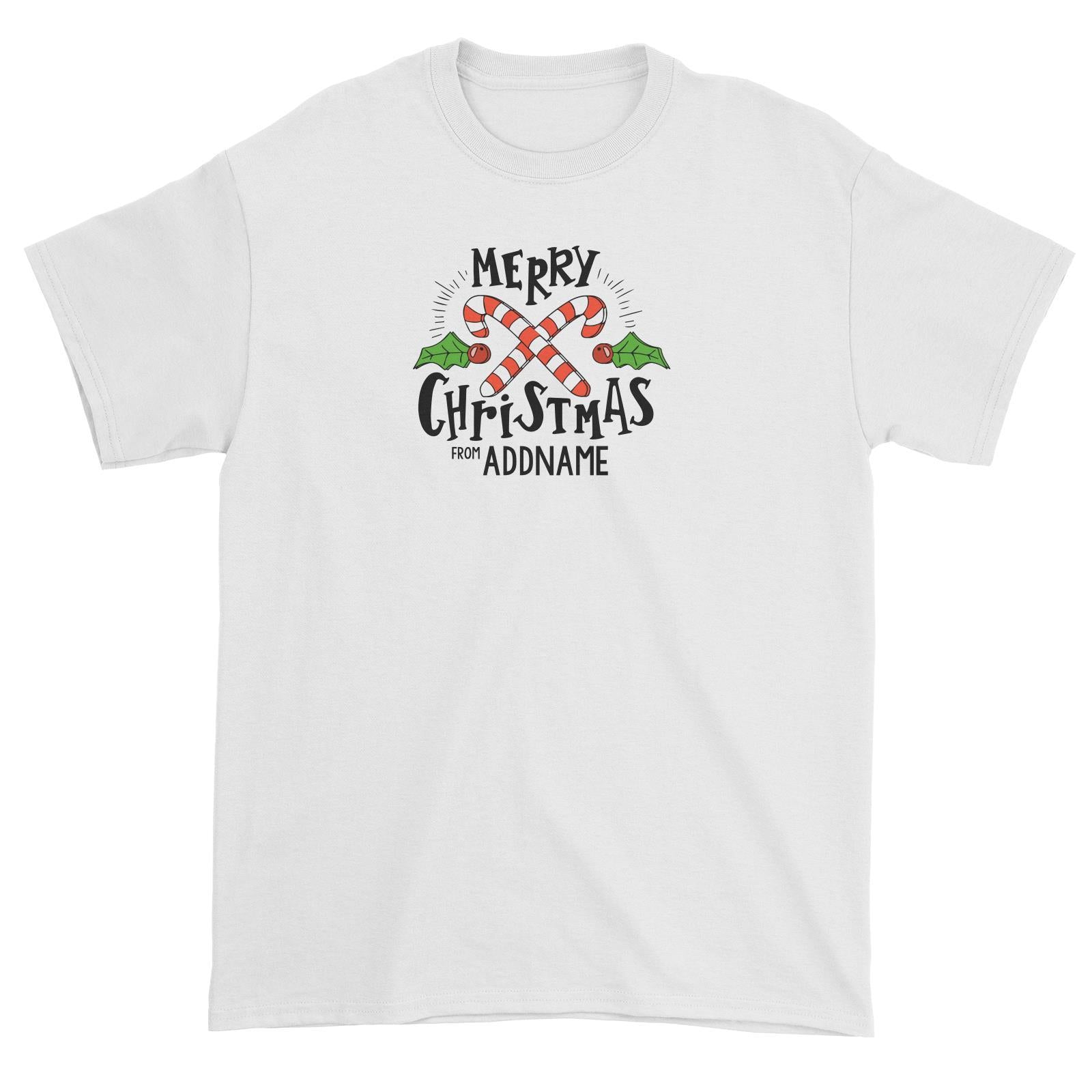 Merry Chrismas with Holly and Candy Cane Greeting Addname Unisex T-Shirt Christmas Matching Family Personalizable Designs Lettering