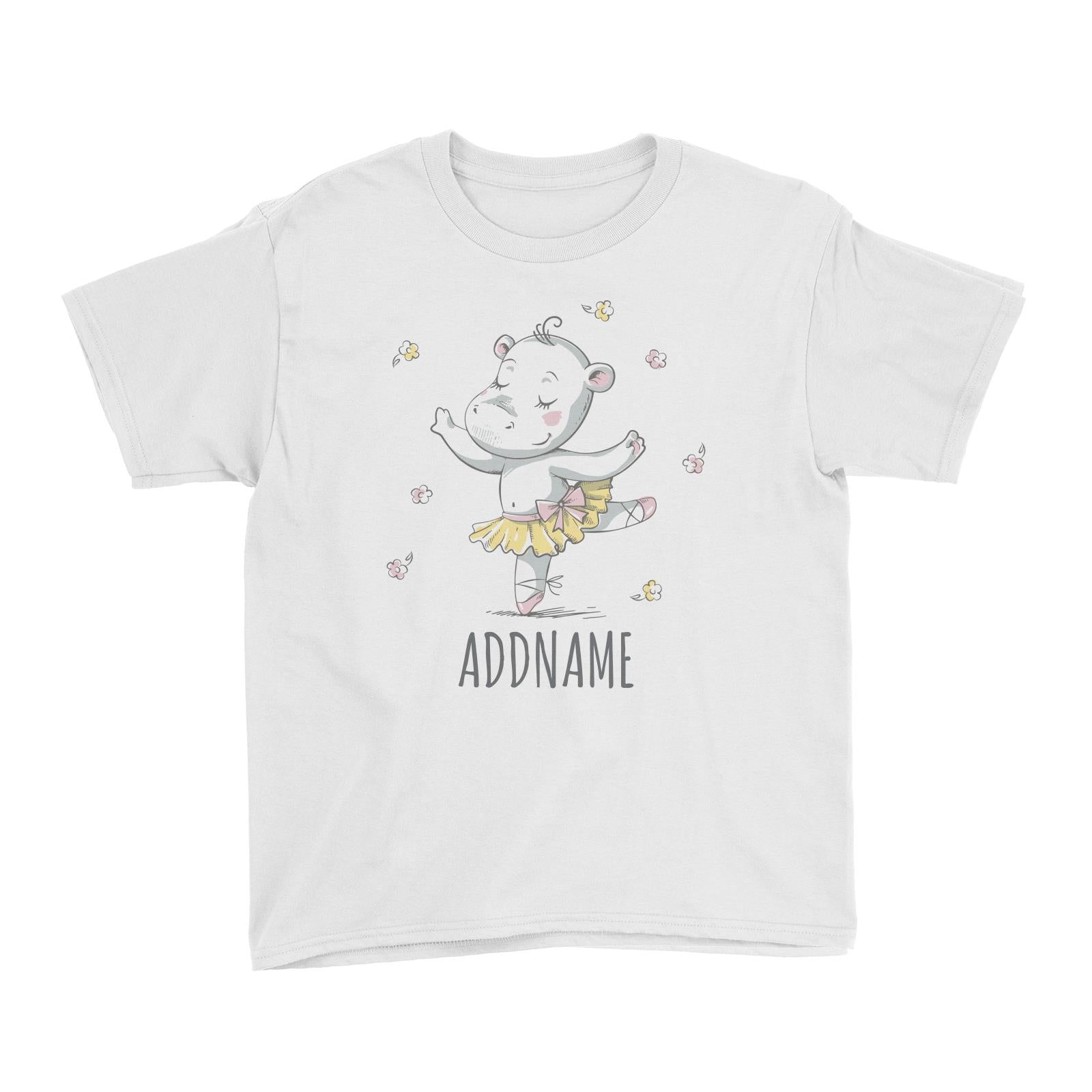 Ballerina Hippo White Kid's T-Shirt Personalizable Designs Cute Sweet Animal Ballet For Girls Pinky HG