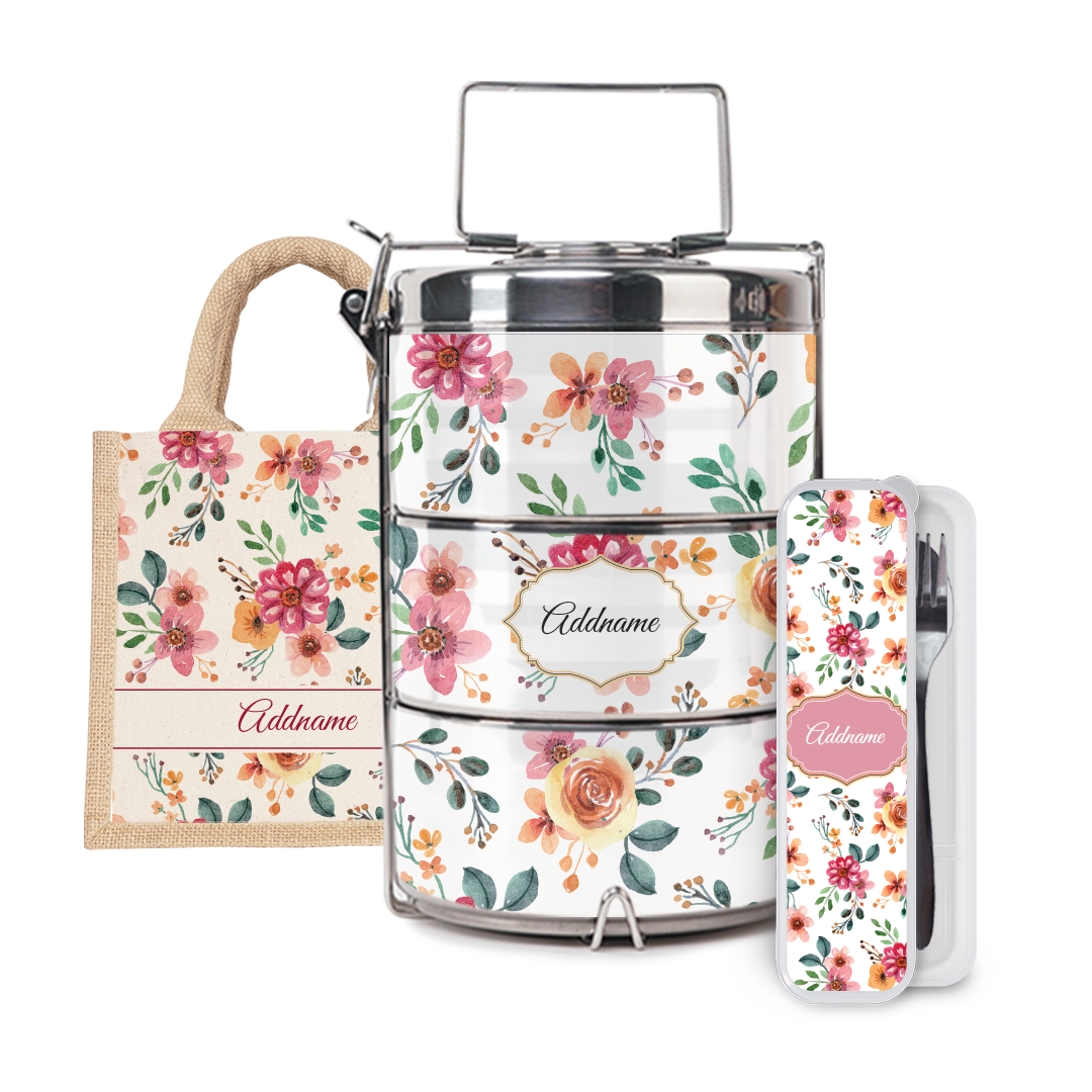 Laura Series - Garnet Half Lining Lunch Bag, Tiffin Carrier and Cutlery Set