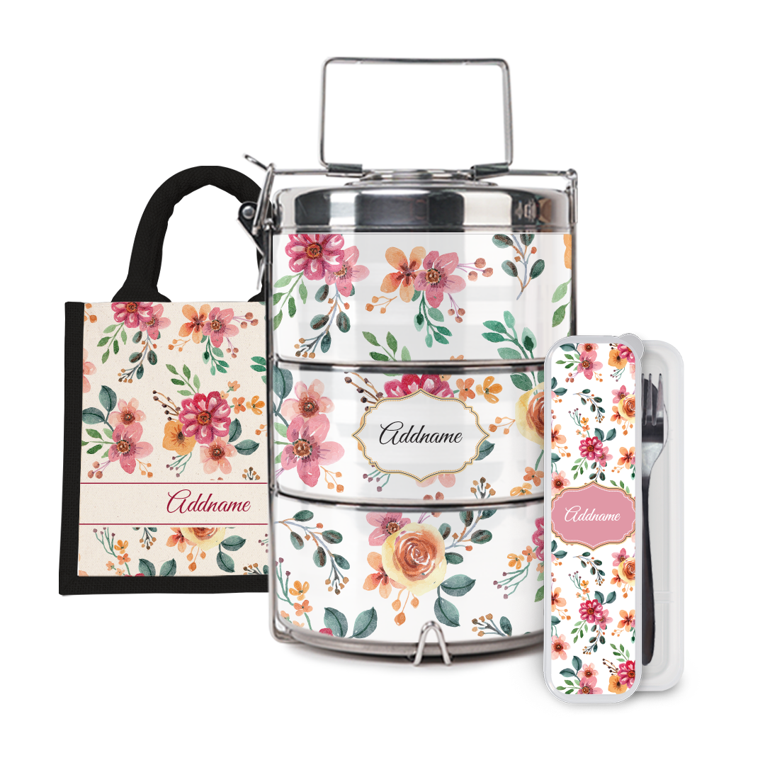 Laura Series - Garnet Half Lining Lunch Bag, Tiffin Carrier and Cutlery Set