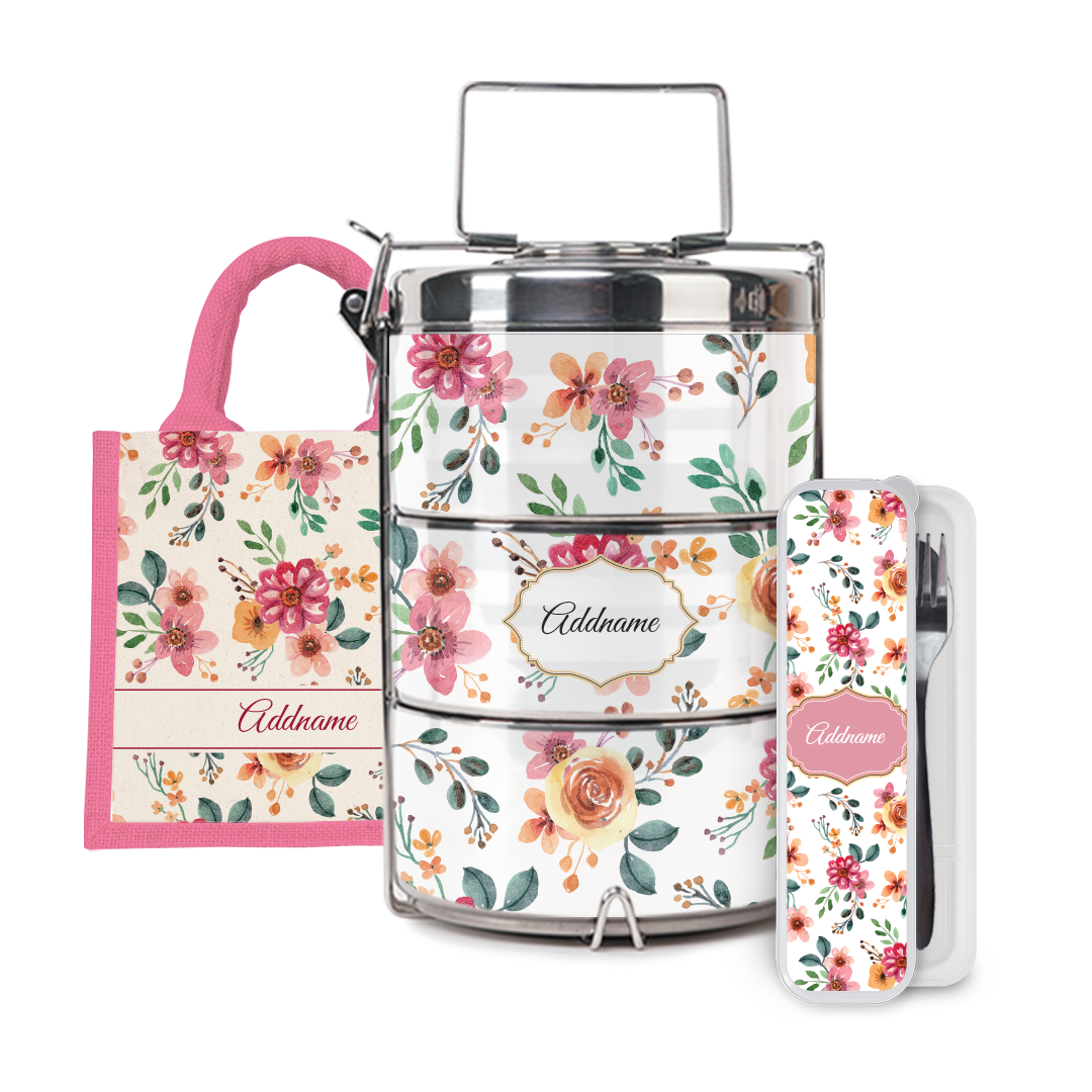 Laura Series - Garnet Half Lining Lunch Bag, Tiffin Carrier and Cutlery Set