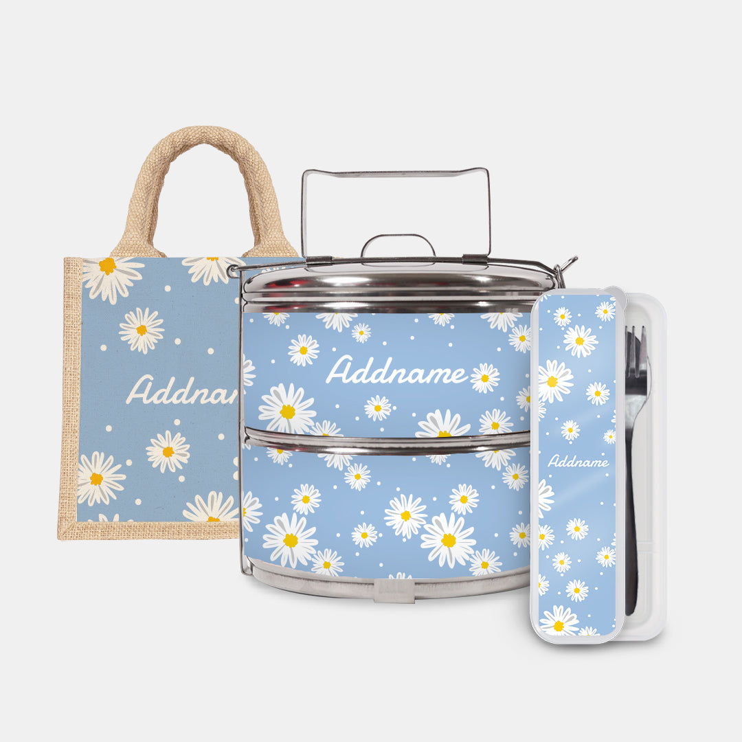 Daisy Series Half Lining Lunch Bag, Standard Two Tier Tiffin Carrier And Cutlery Set - Frost Natural