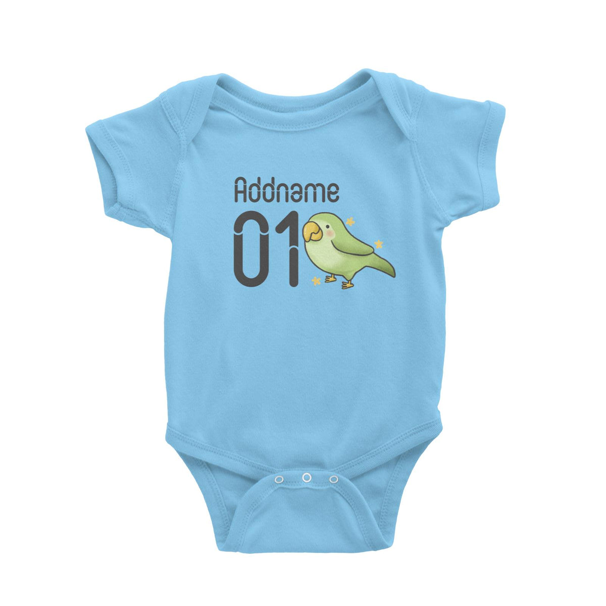Name and Number Cute Hand Drawn Style Parrot Baby Romper