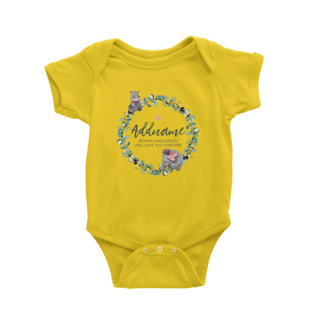 Watercolour Hippo and Elephant Leaf Wreath Personalizable with Name and Text Baby Romper