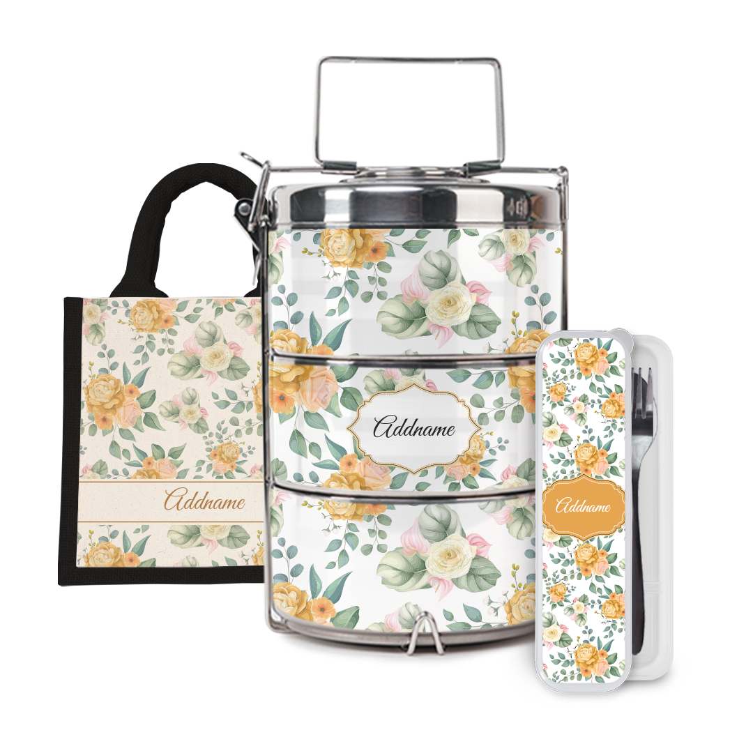 Laura Series - Honey Half Lining Lunch Bag, Tiffin Carrier and Cutlery Set