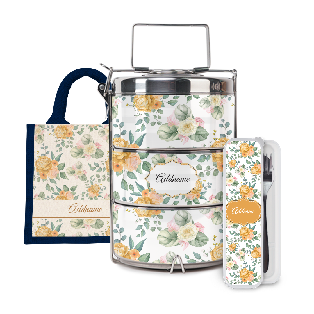 Laura Series - Honey Half Lining Lunch Bag, Tiffin Carrier and Cutlery Set