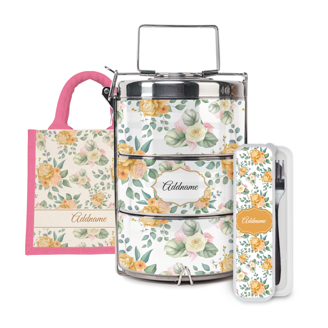 Laura Series - Honey Half Lining Lunch Bag, Tiffin Carrier and Cutlery Set