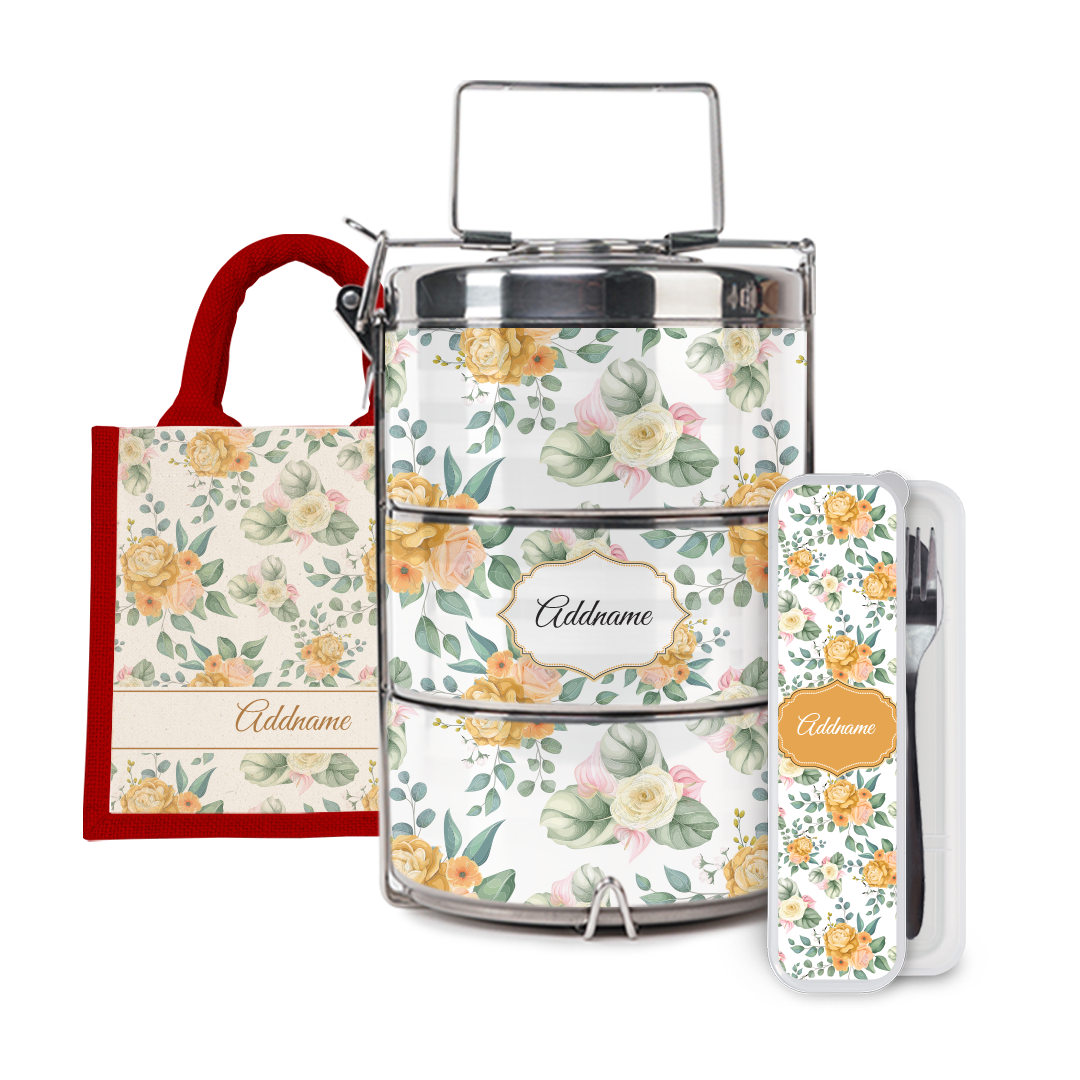 Laura Series - Honey Half Lining Lunch Bag, Tiffin Carrier and Cutlery Set