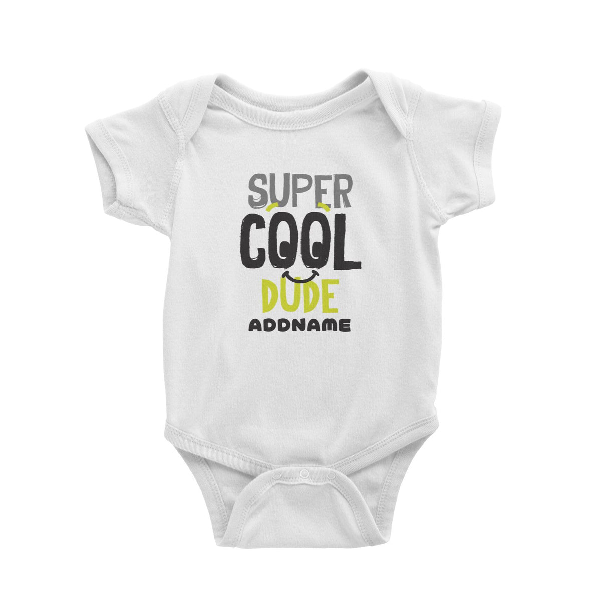 Super Cool Dude with Smiley Addname White Baby Romper