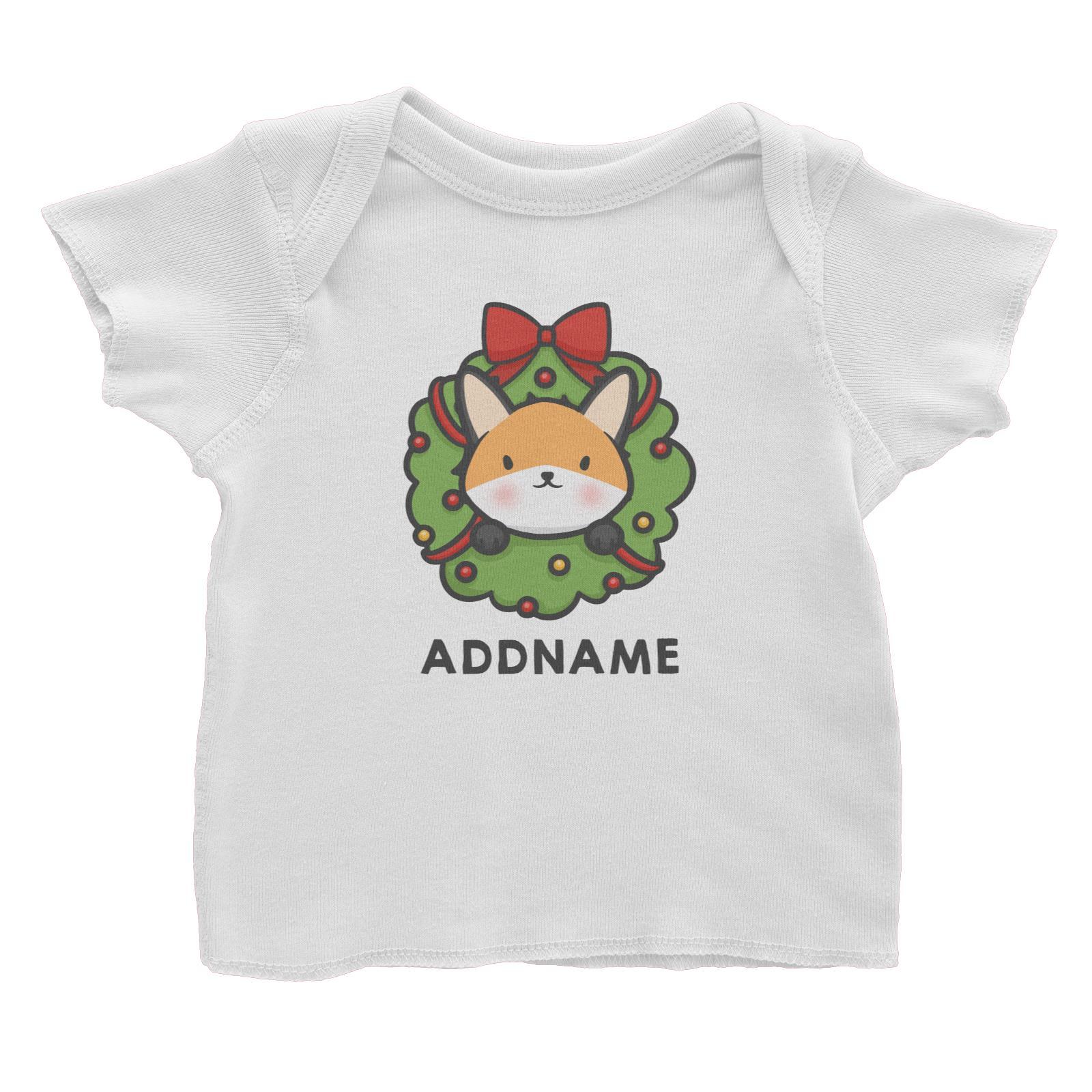 Xmas Cute Flower Wreath Fox Addname Baby T-Shirt