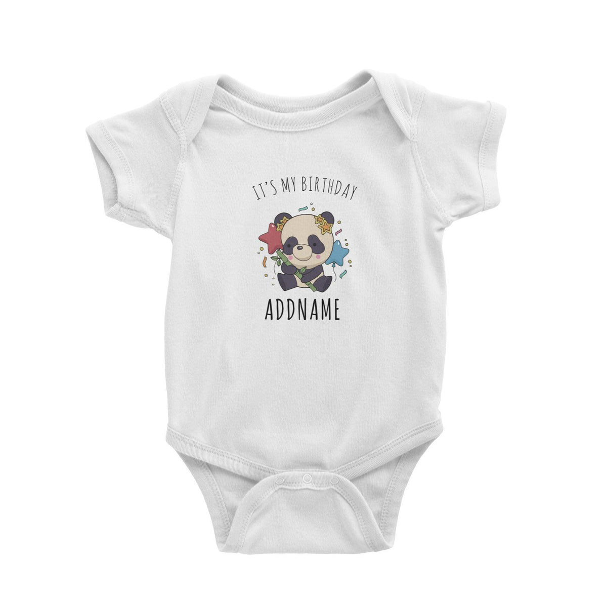 Birthday Sketch Animals Panda with Party Hat Holding Bamboo It's My Birthday Addname Baby Romper