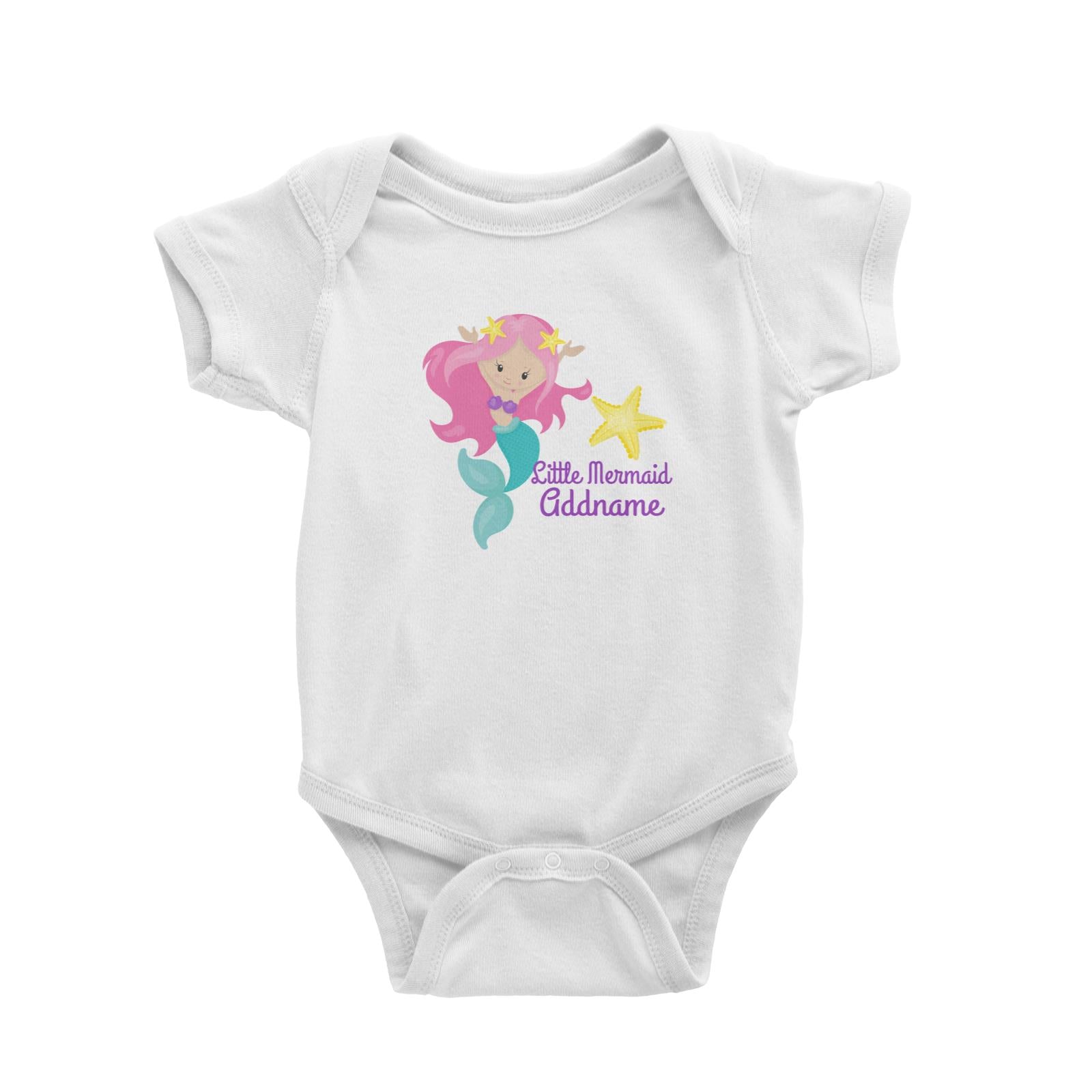Little Mermaid Celebrating with Starfish Addname White Baby Romper