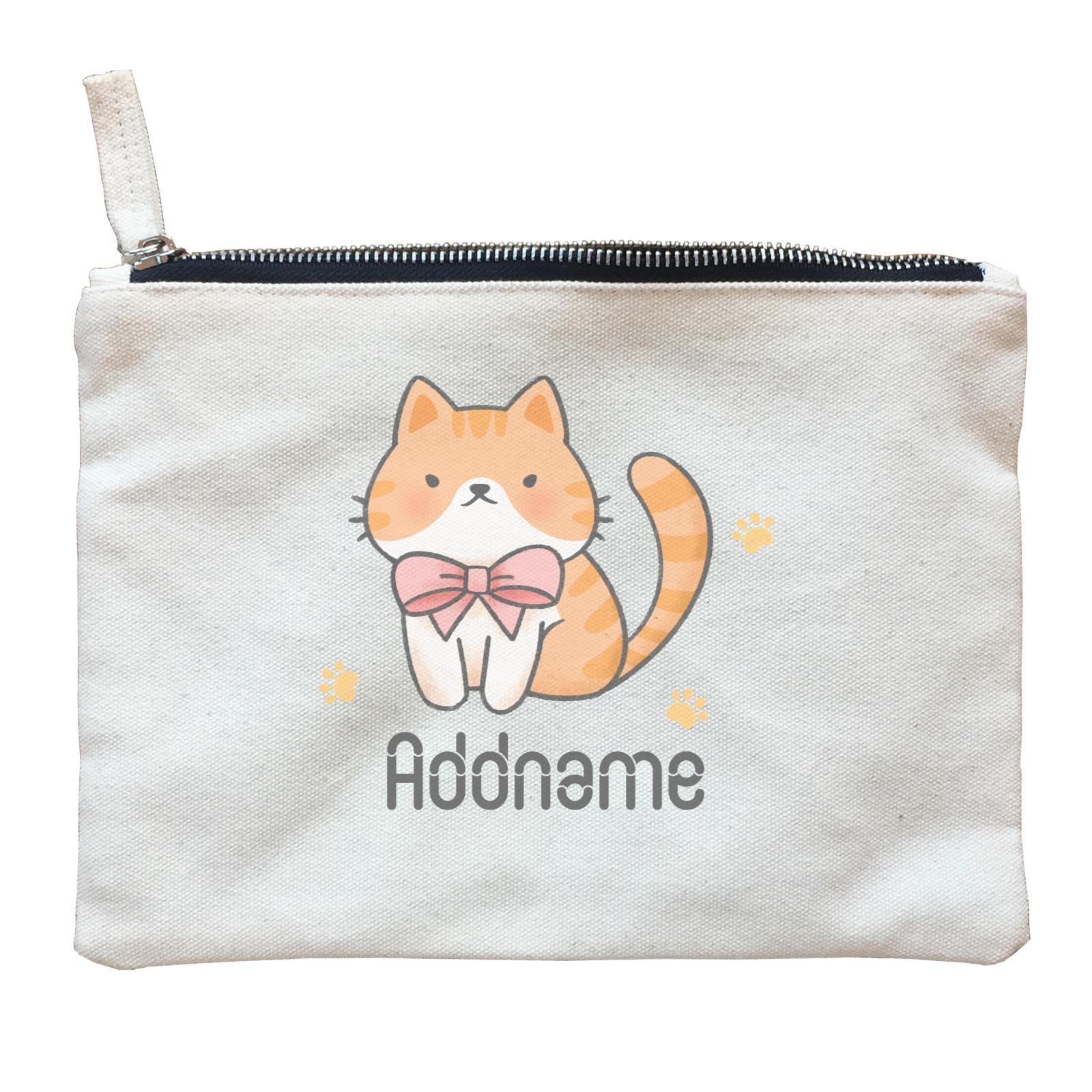 Cute Hand Drawn Style Brown Cat with Ribbon Addname Zipper Pouch