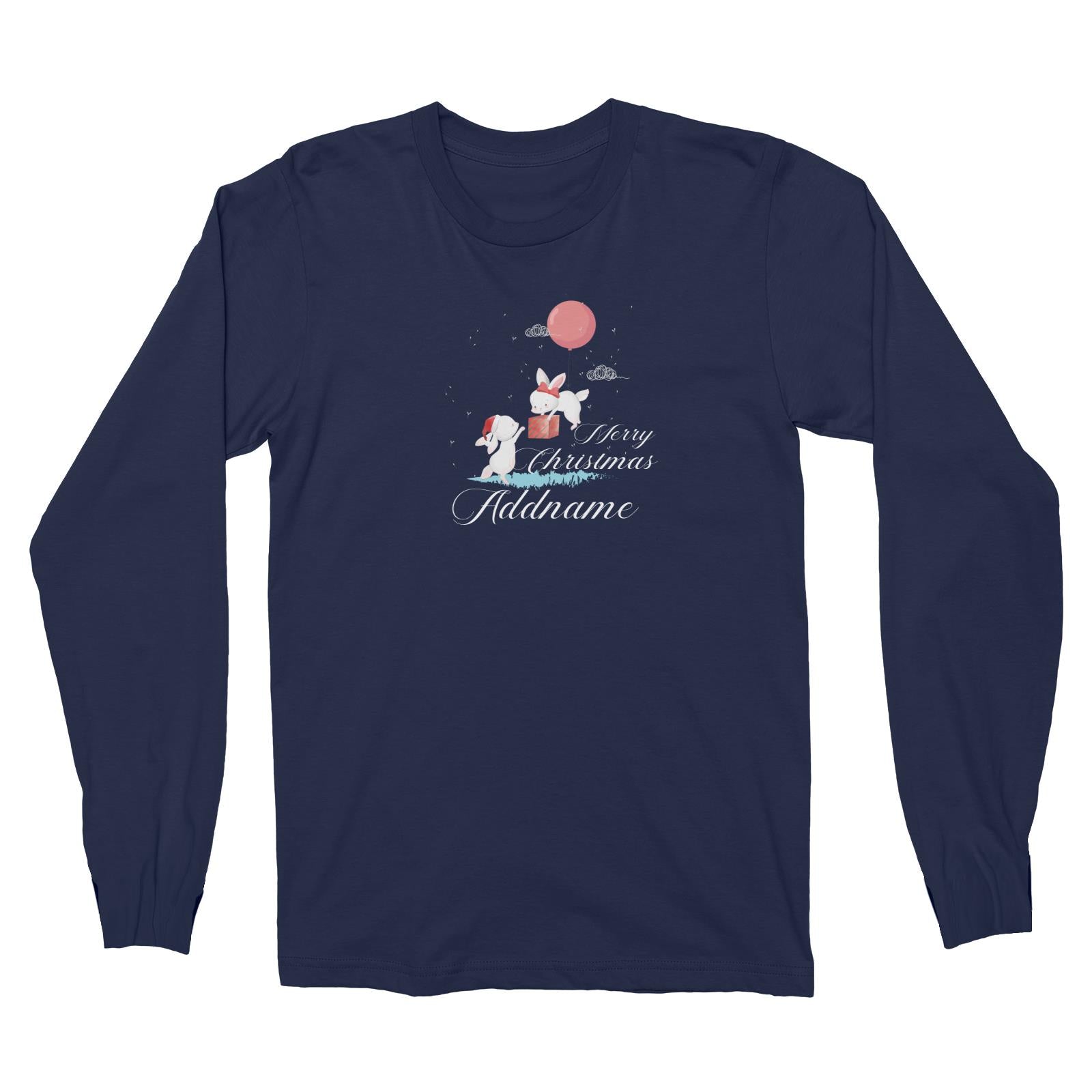 Christmas Cute Rabbits With Balloon Merry Christmas Addname Long Sleeve Unisex T-Shirt