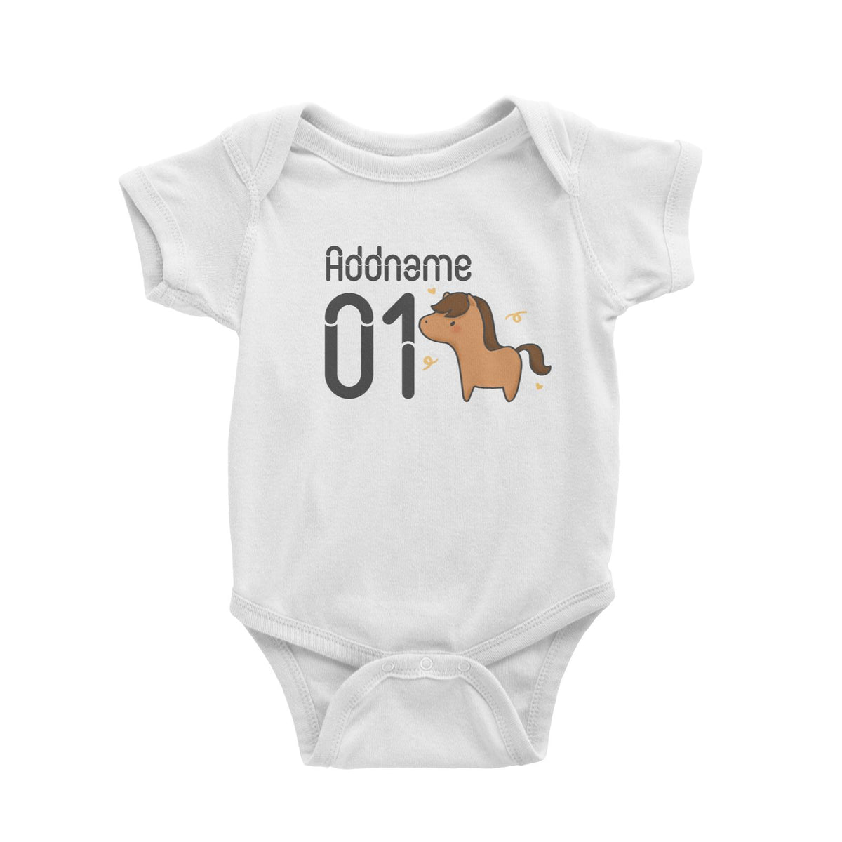Name and Number Cute Hand Drawn Style Horse Baby Romper