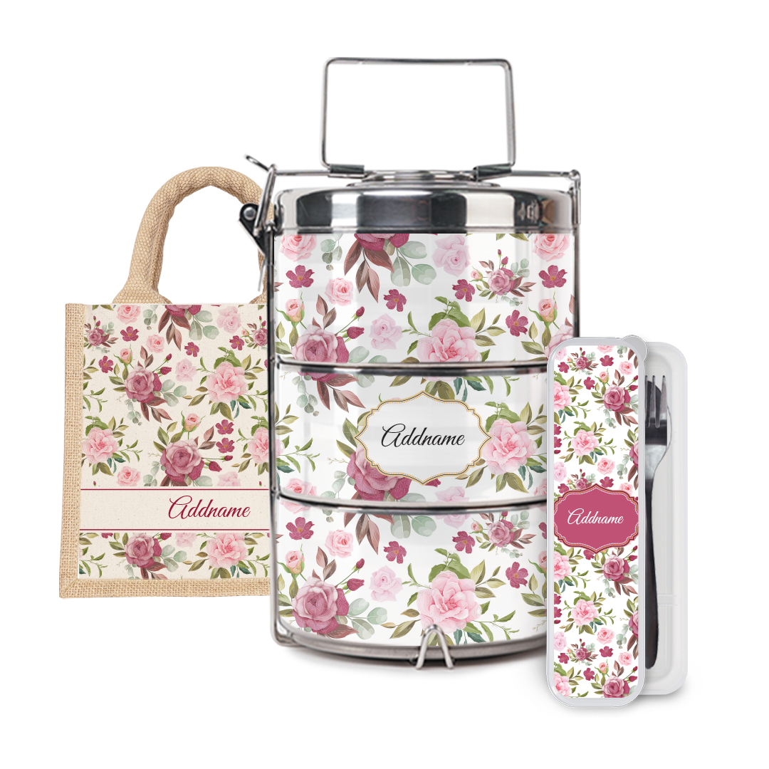 Laura Series - Ruby Half Lining Lunch Bag, Tiffin Carrier and Cutlery Set
